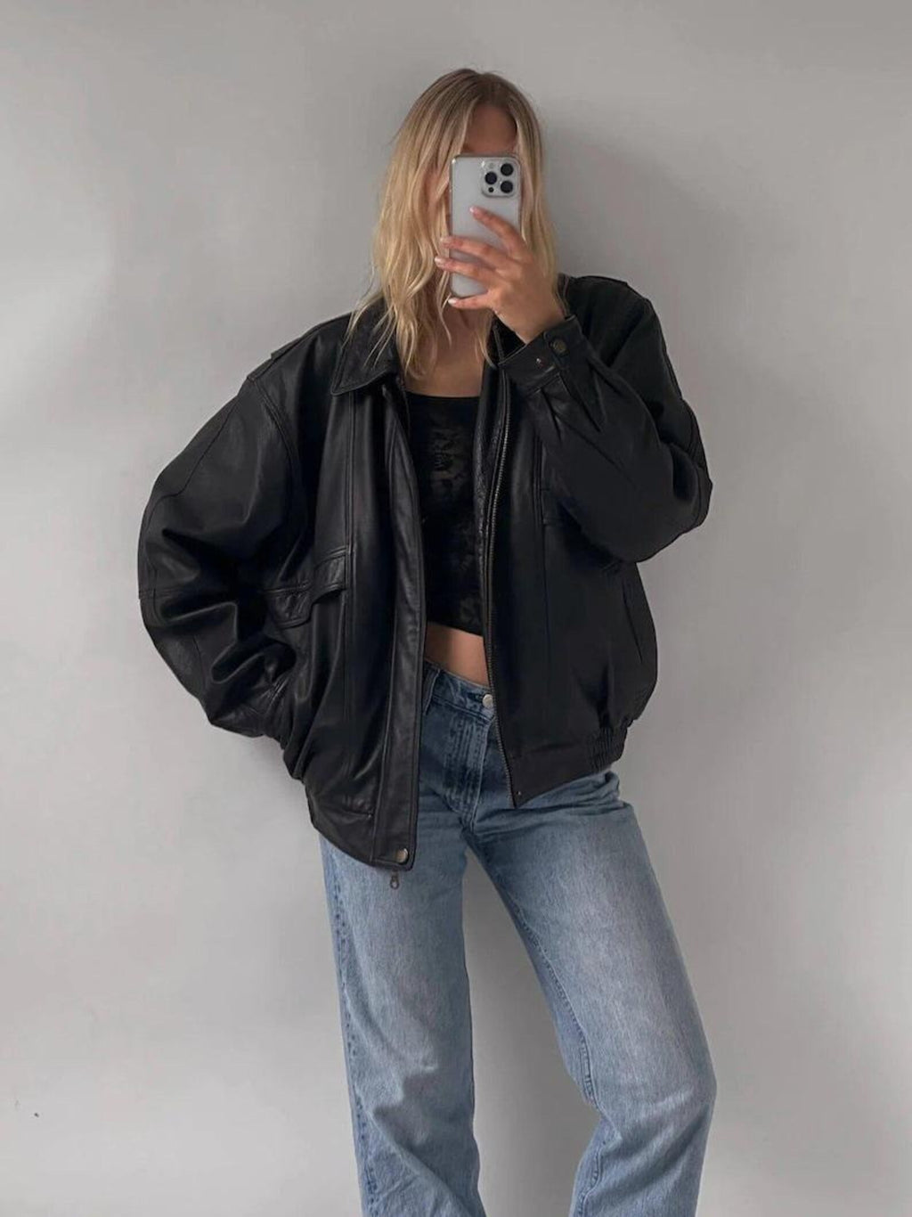 Women's Oversized Black Sheepskin Leather Bomber Jacket