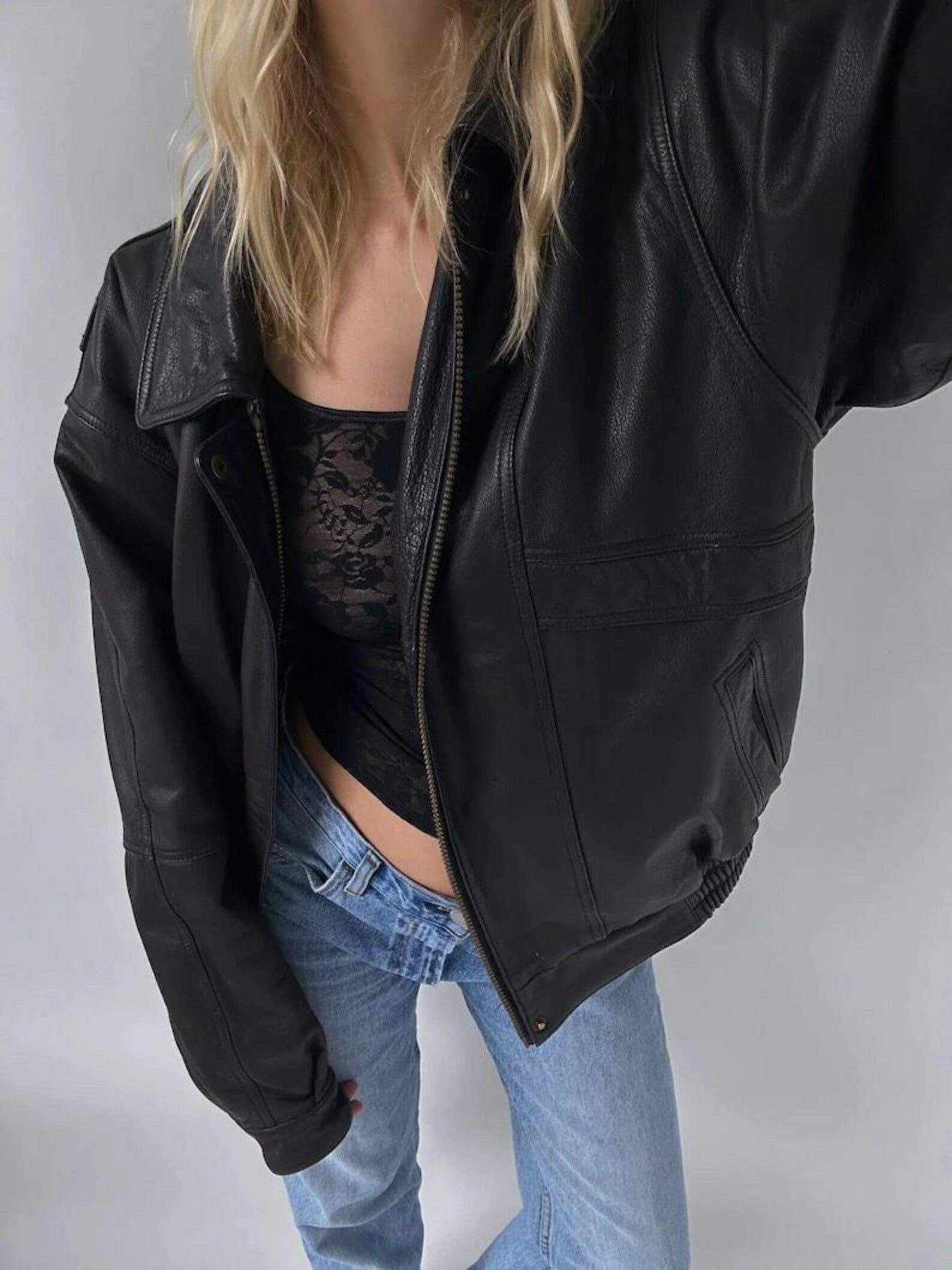 Women's Oversized Black Sheepskin Leather Bomber Jacket