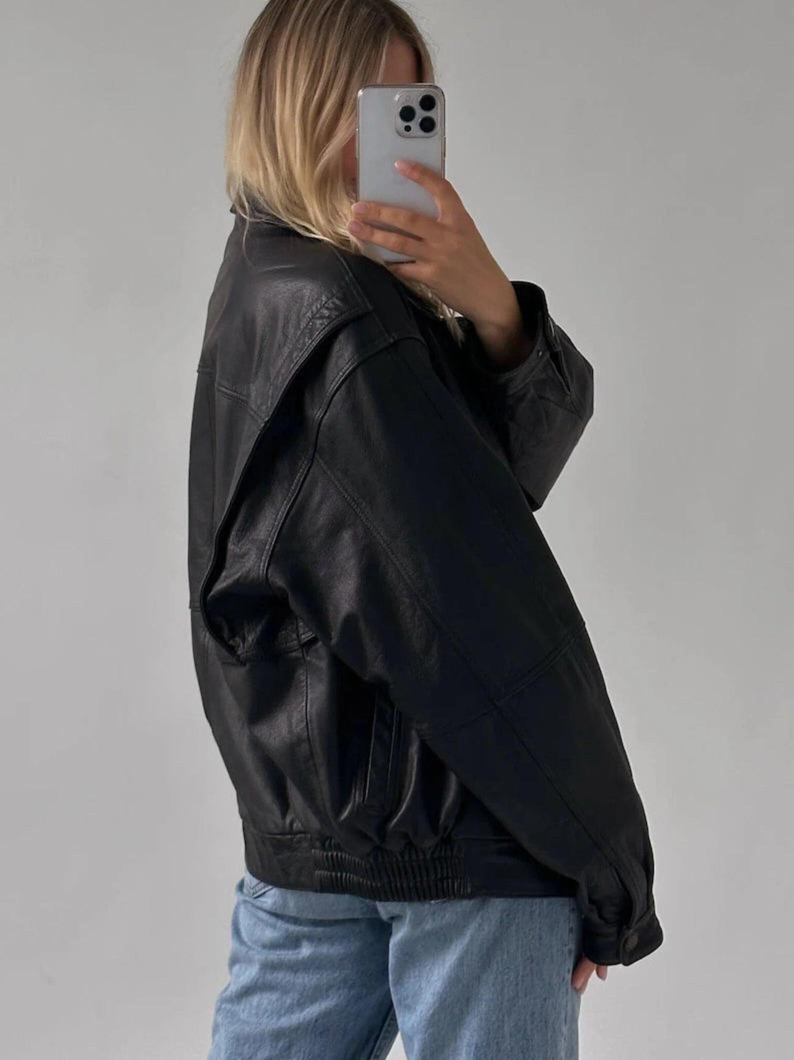 Women's Oversized Black Sheepskin Leather Bomber Jacket