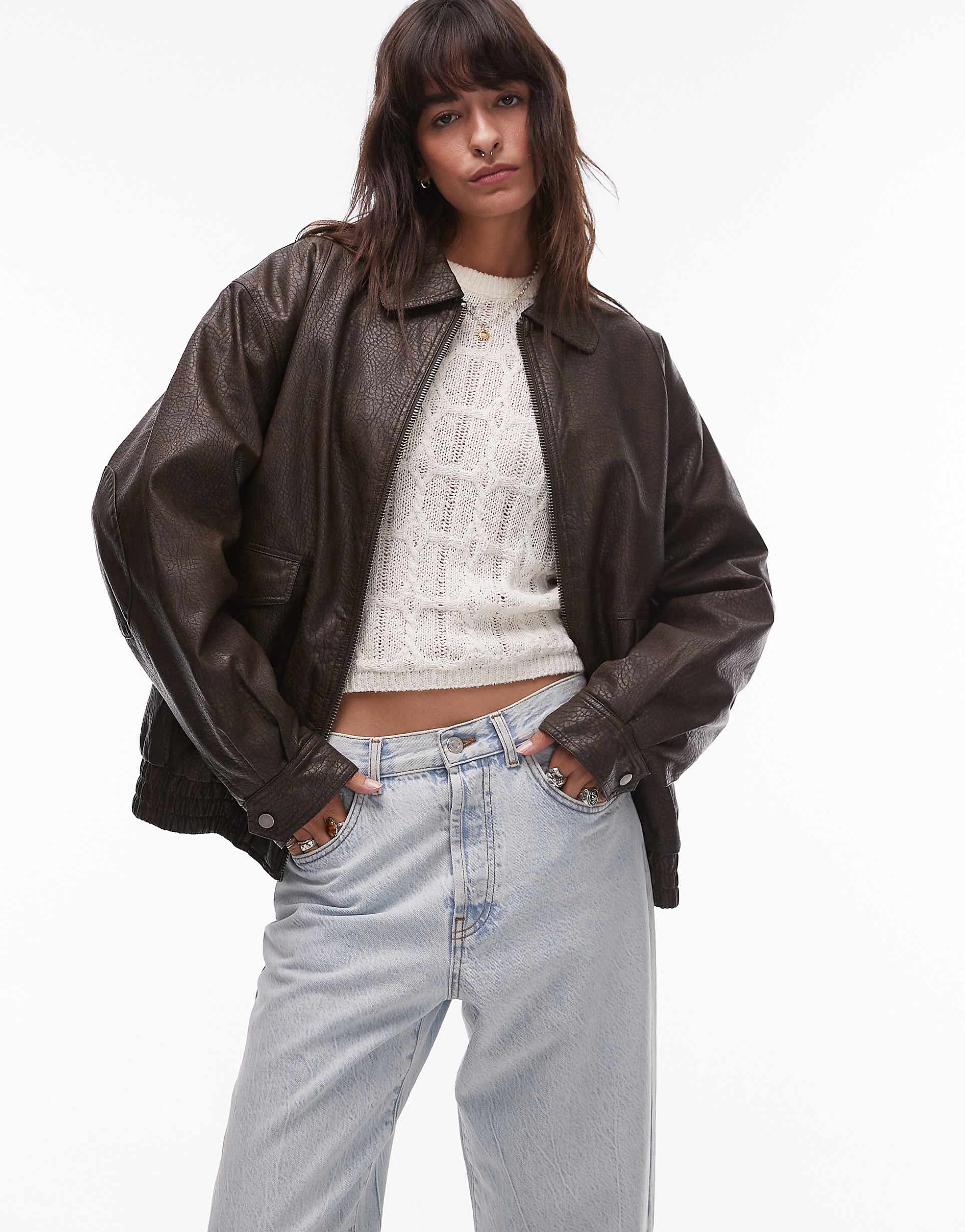 Women's Oversized Spread Collar Textured Faux Leather Jacket