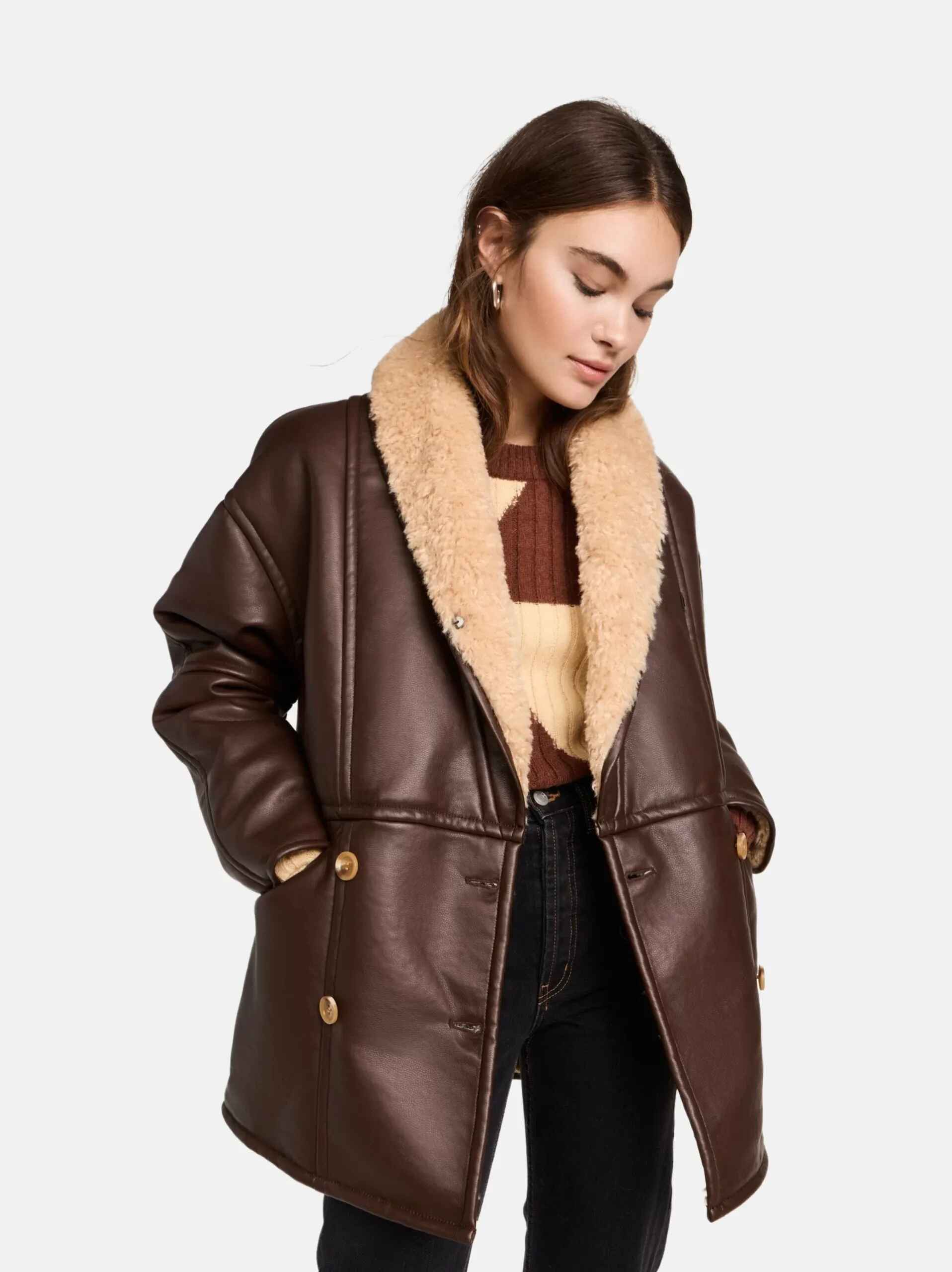 Women’s Plain Brown Sheepskin Shearling Leather Coat