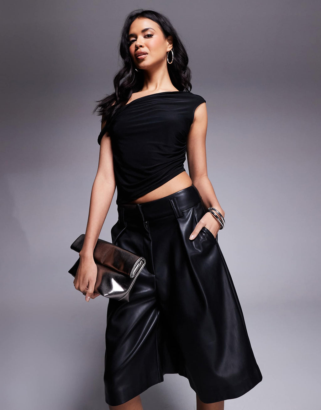 Women's Pleat Details Leather Shorts