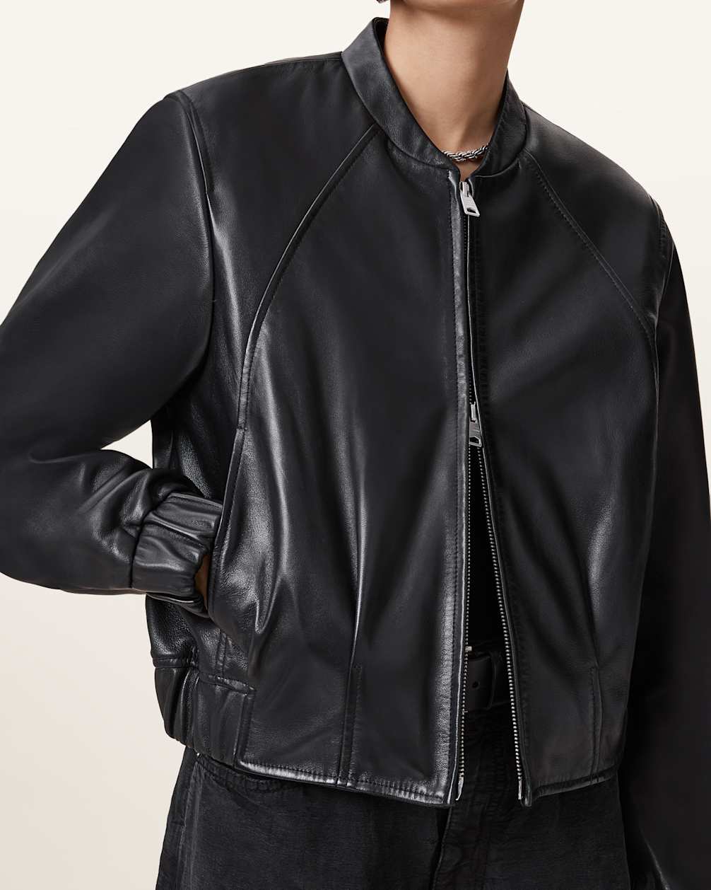Women's Pleated Hem Bomber Leather Jacket