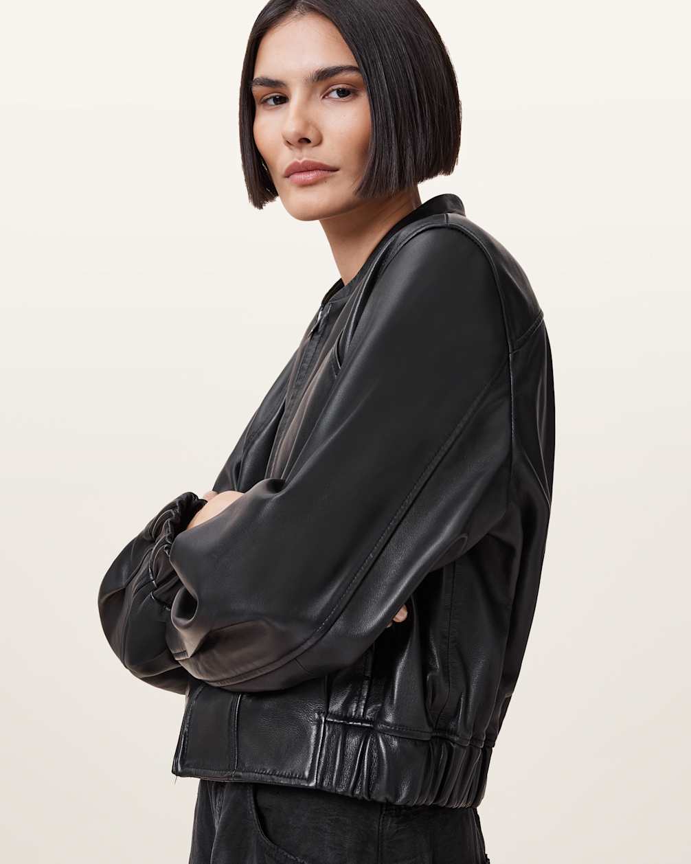 Women's Pleated Hem Bomber Leather Jacket