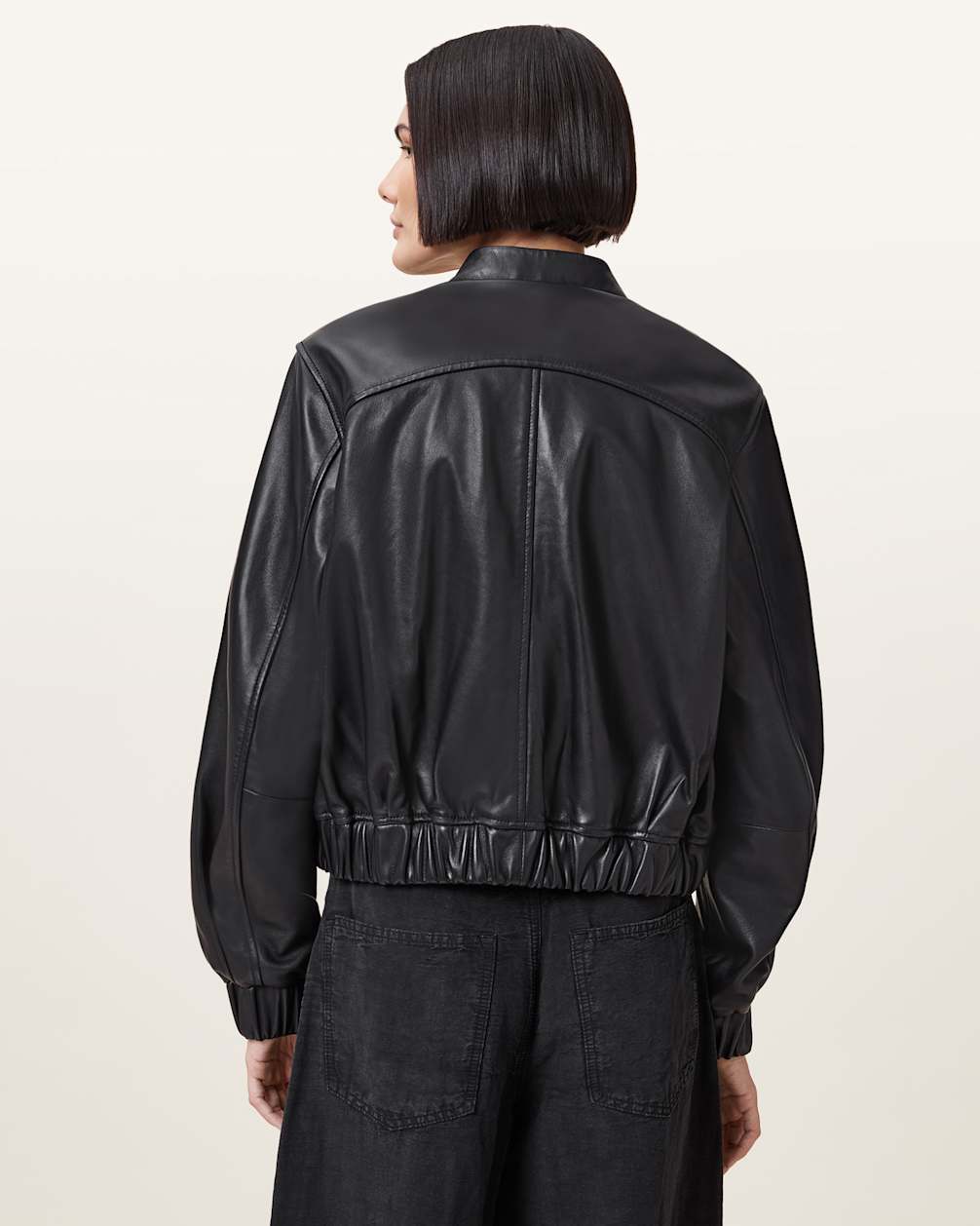 Women's Pleated Hem Bomber Leather Jacket