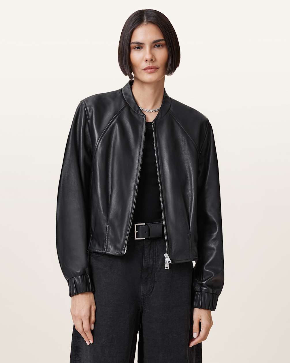 Women's Pleated Hem Bomber Leather Jacket