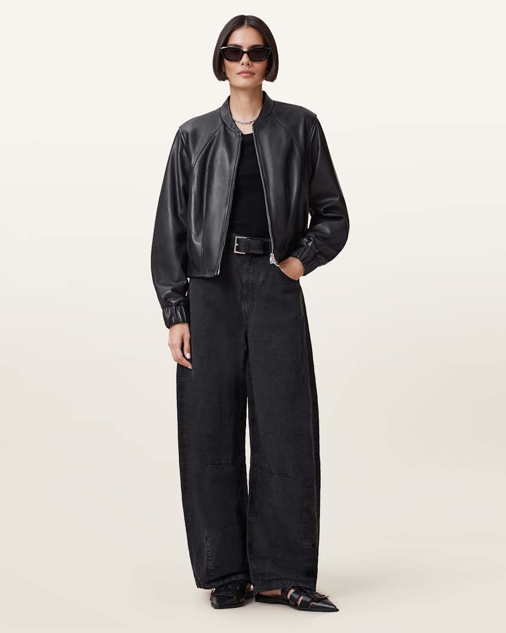 Women's Pleated Hem Bomber Leather Jacket