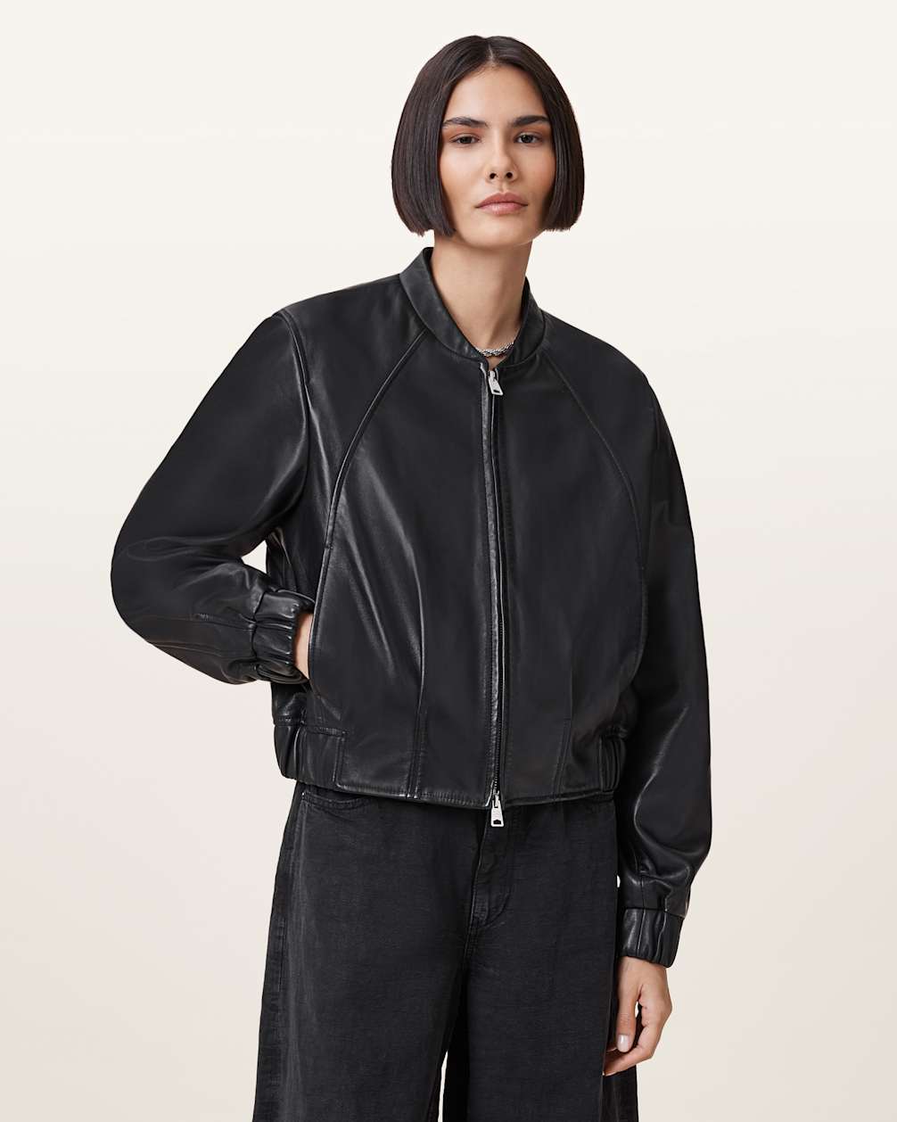 Women's Pleated Hem Bomber Leather Jacket