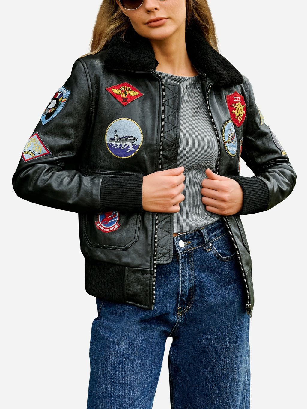 Women's Premium Patches Aviator Bomber Leather Jacket