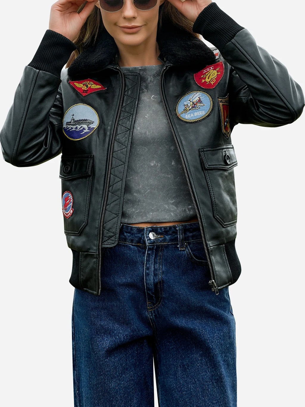 Women's Premium Patches Aviator Bomber Leather Jacket
