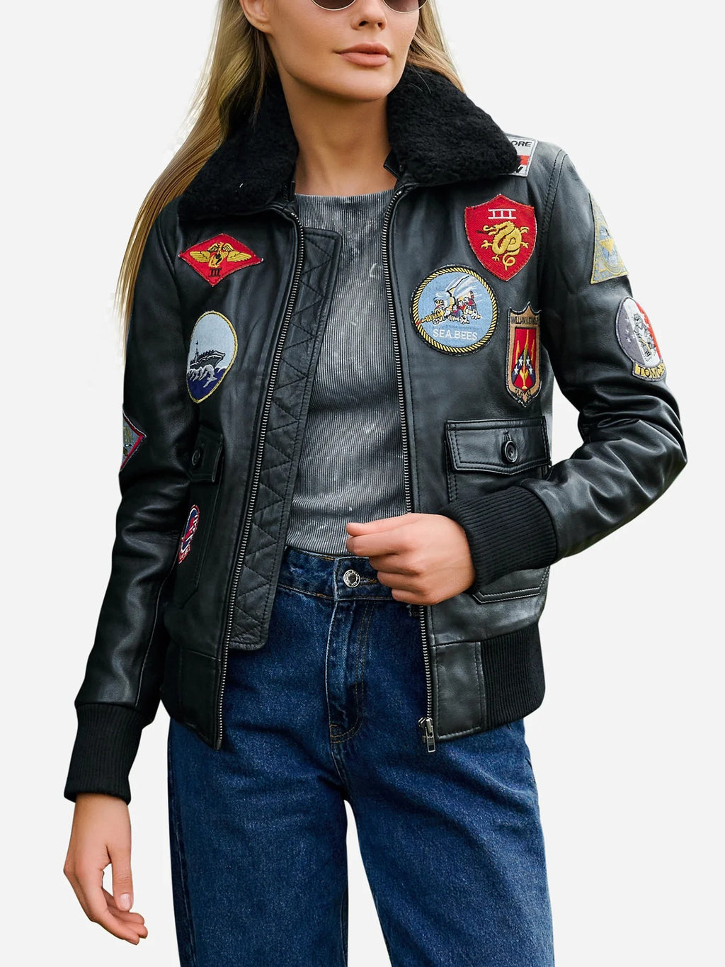 Women's Premium Patches Aviator Bomber Leather Jacket