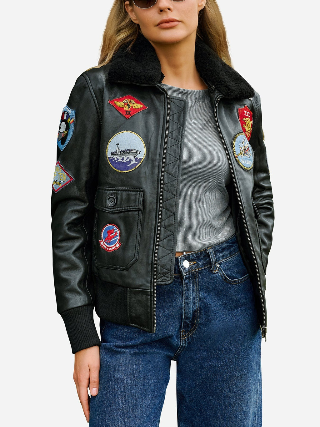 Women's Premium Patches Aviator Bomber Leather Jacket