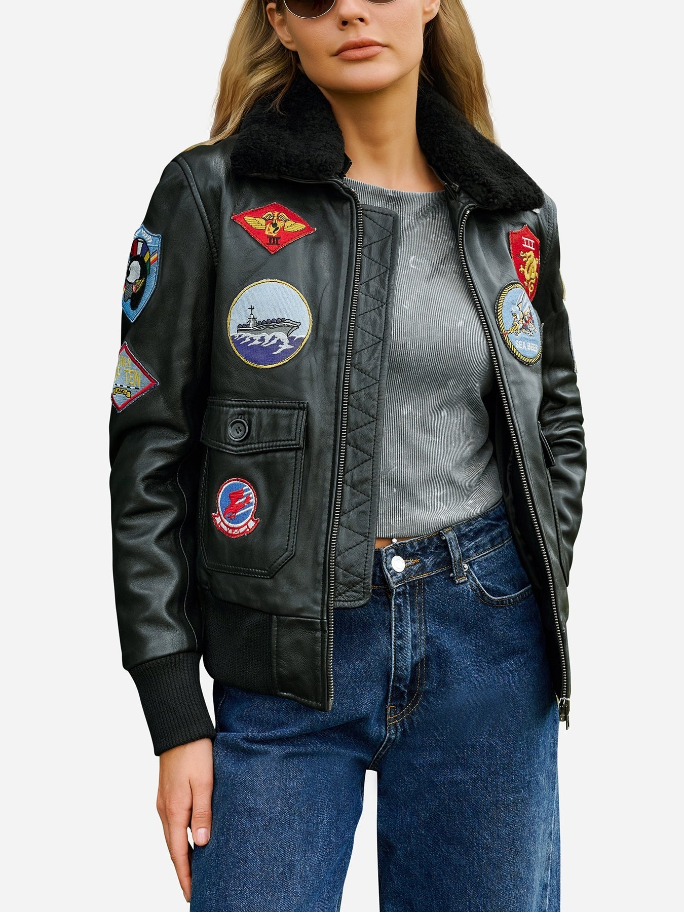 Women's Premium Patches Aviator Bomber Leather Jacket