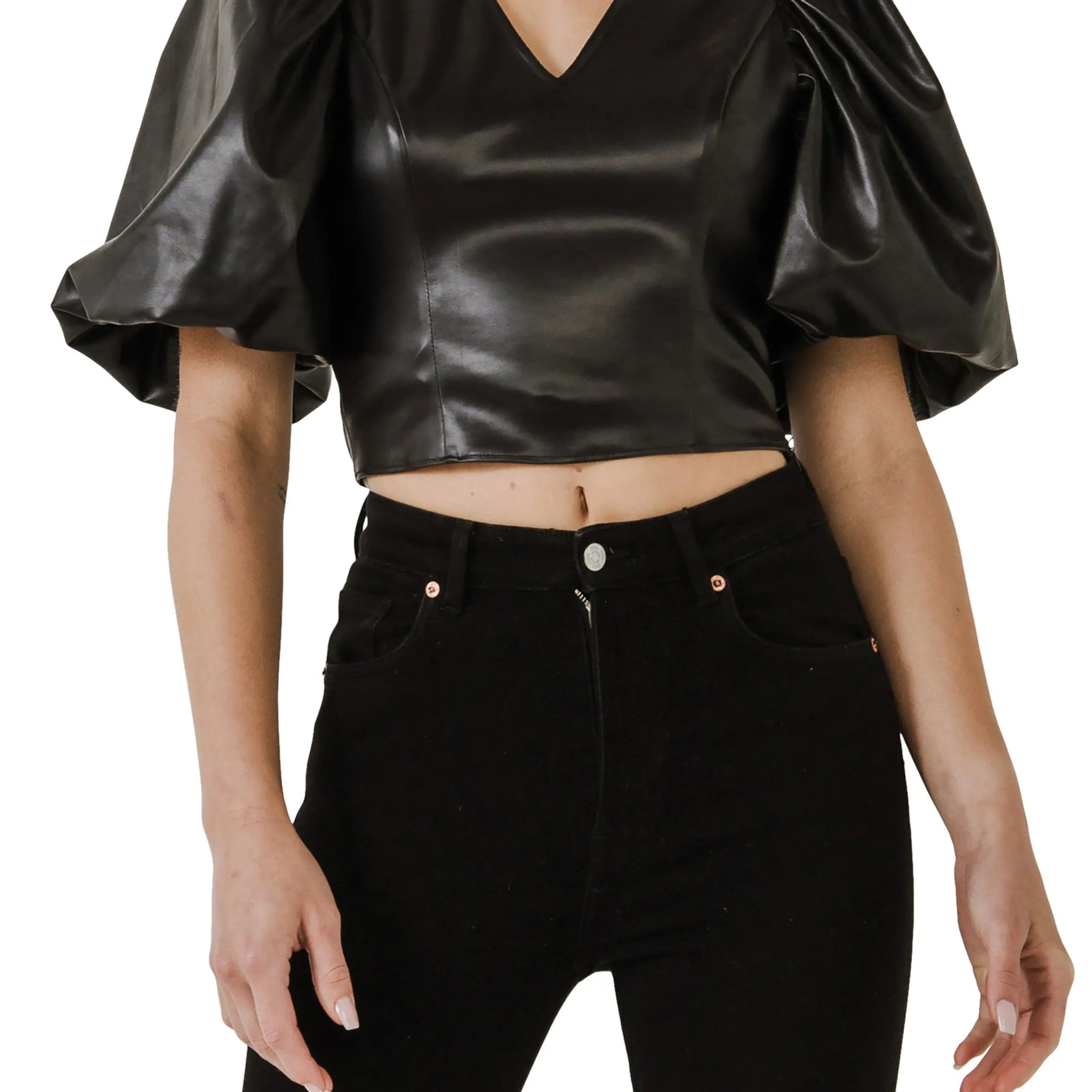 Women's Puff Sleeve Leather Top