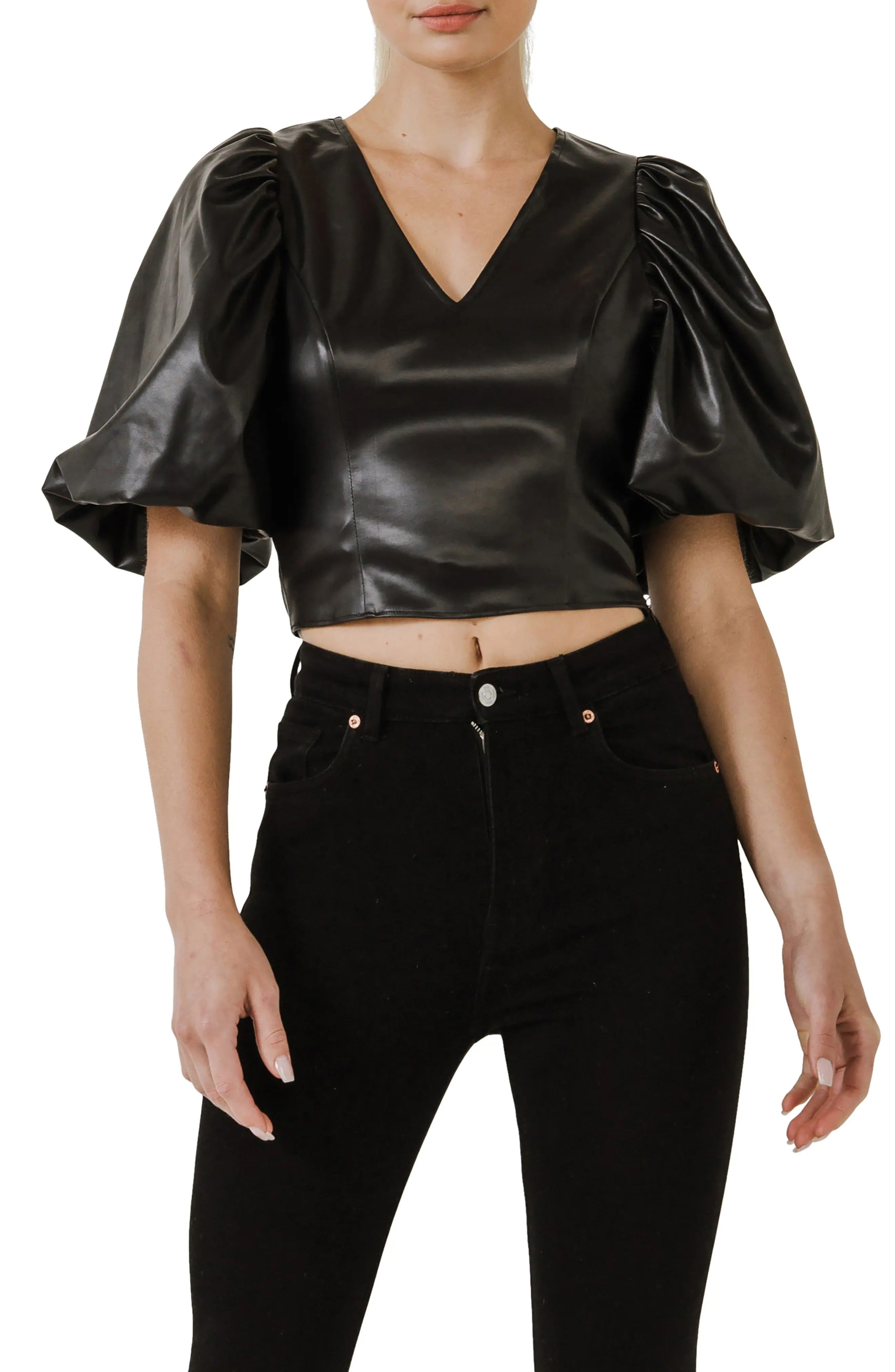 Women's Puff Sleeve Leather Top