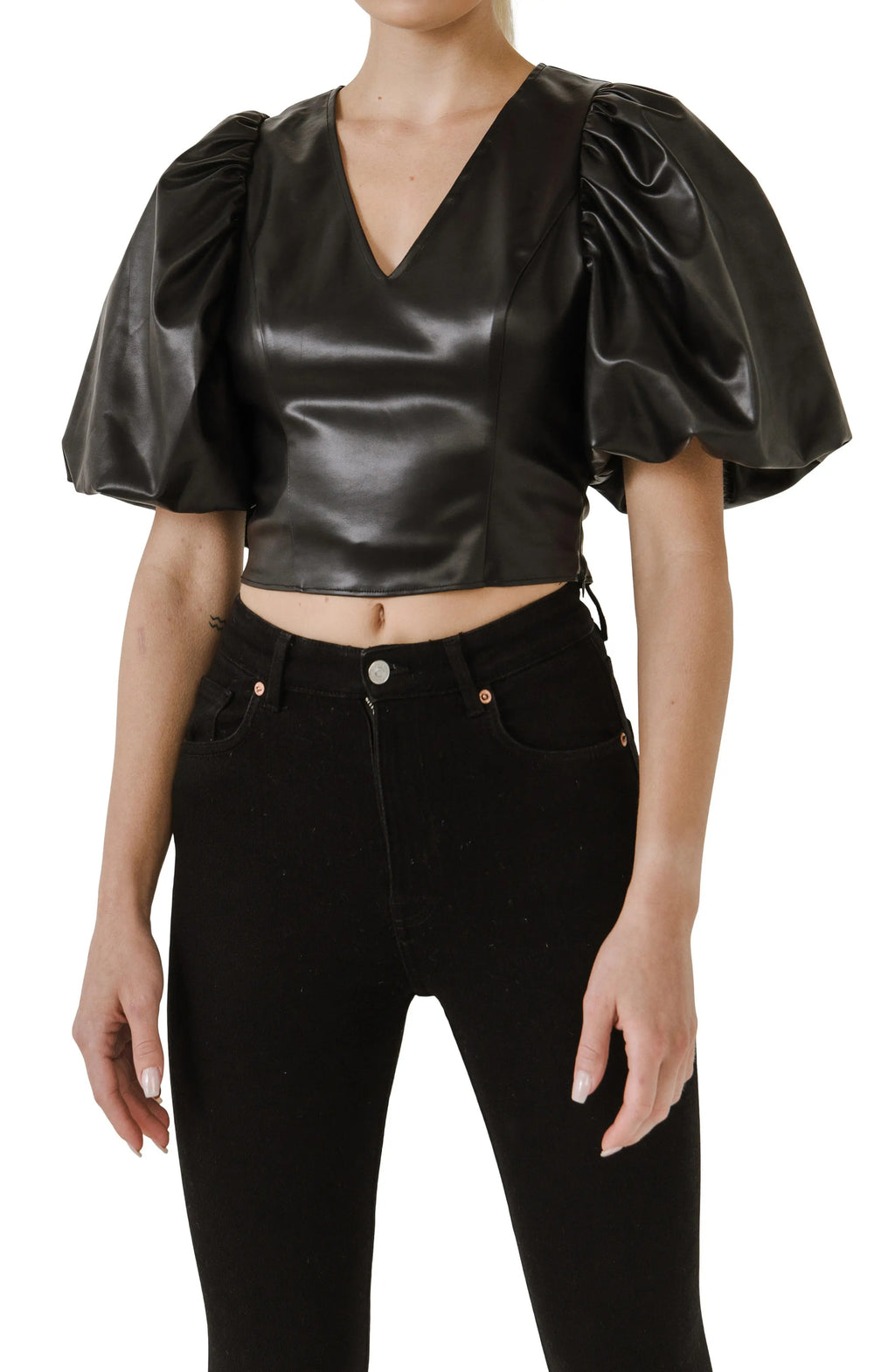Women's Puff Sleeve Leather Top