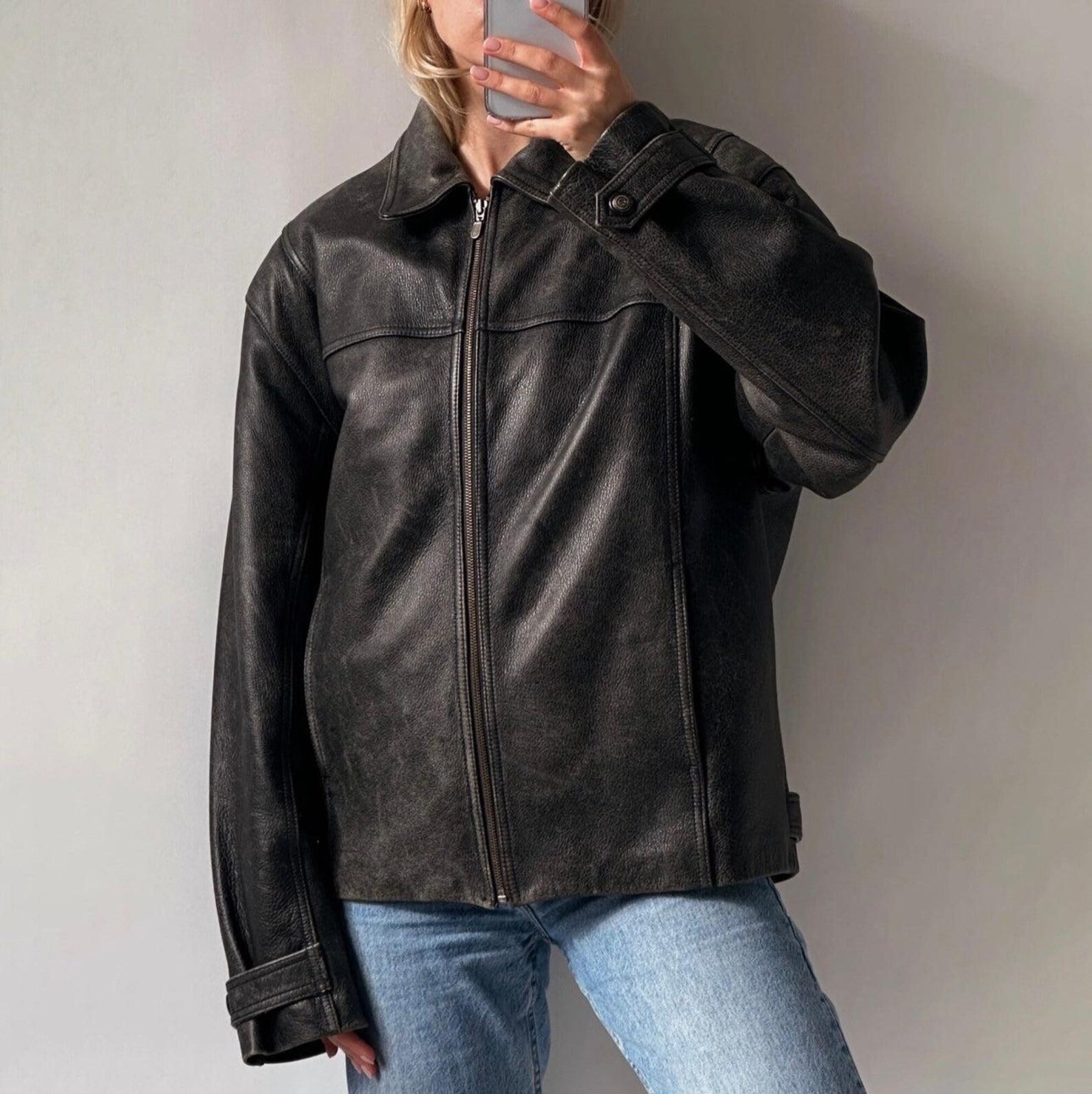 Damen Pure Black Straight Cut Überschnittene Schultern Oversized Lederjacke