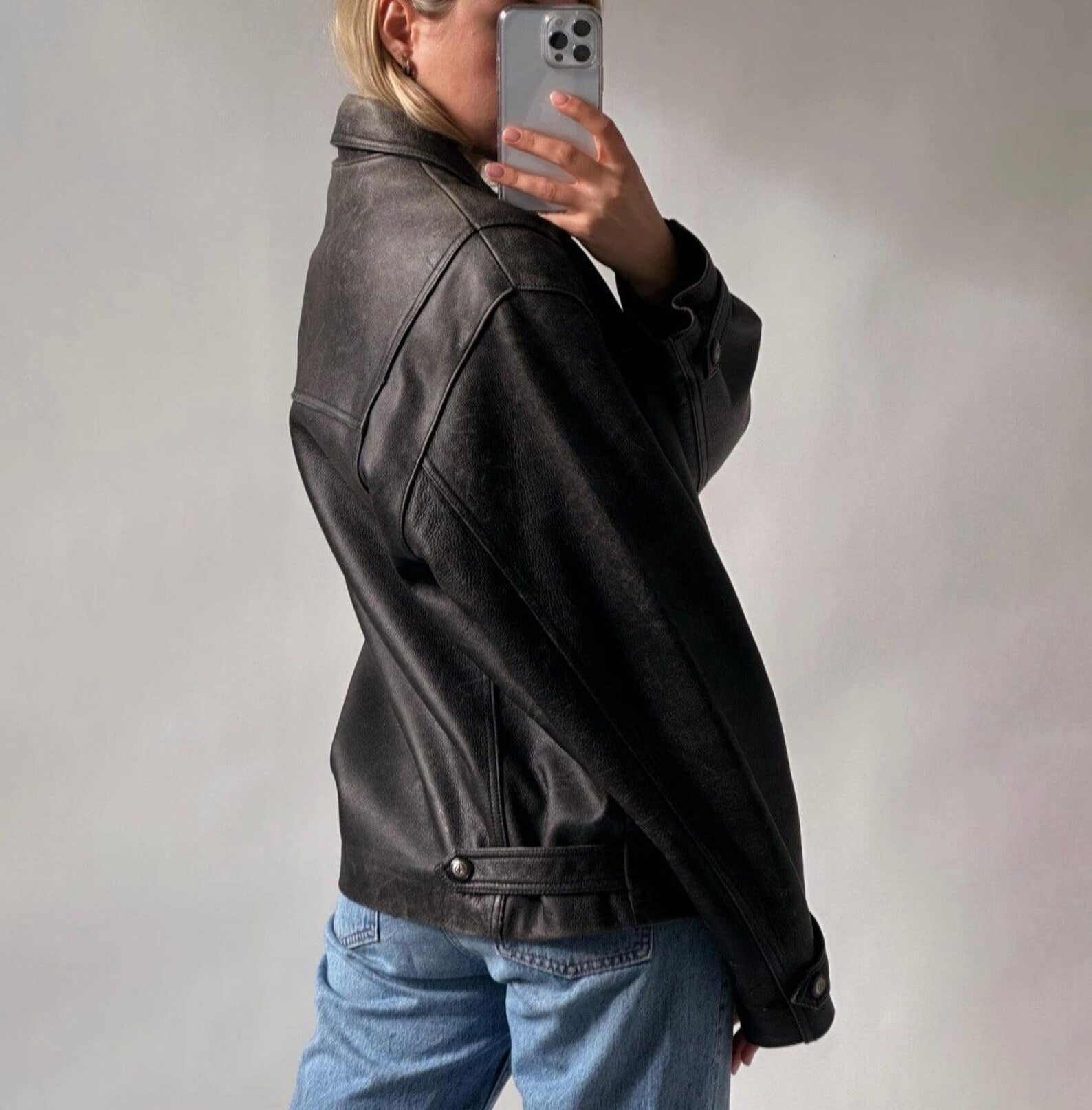 Women's Pure Black Straight Cut Dropped shoulders Oversized Leather Jacket