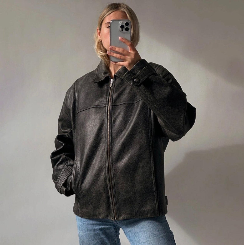 Women's Pure Black Straight Cut Dropped shoulders Oversized Leather Jacket