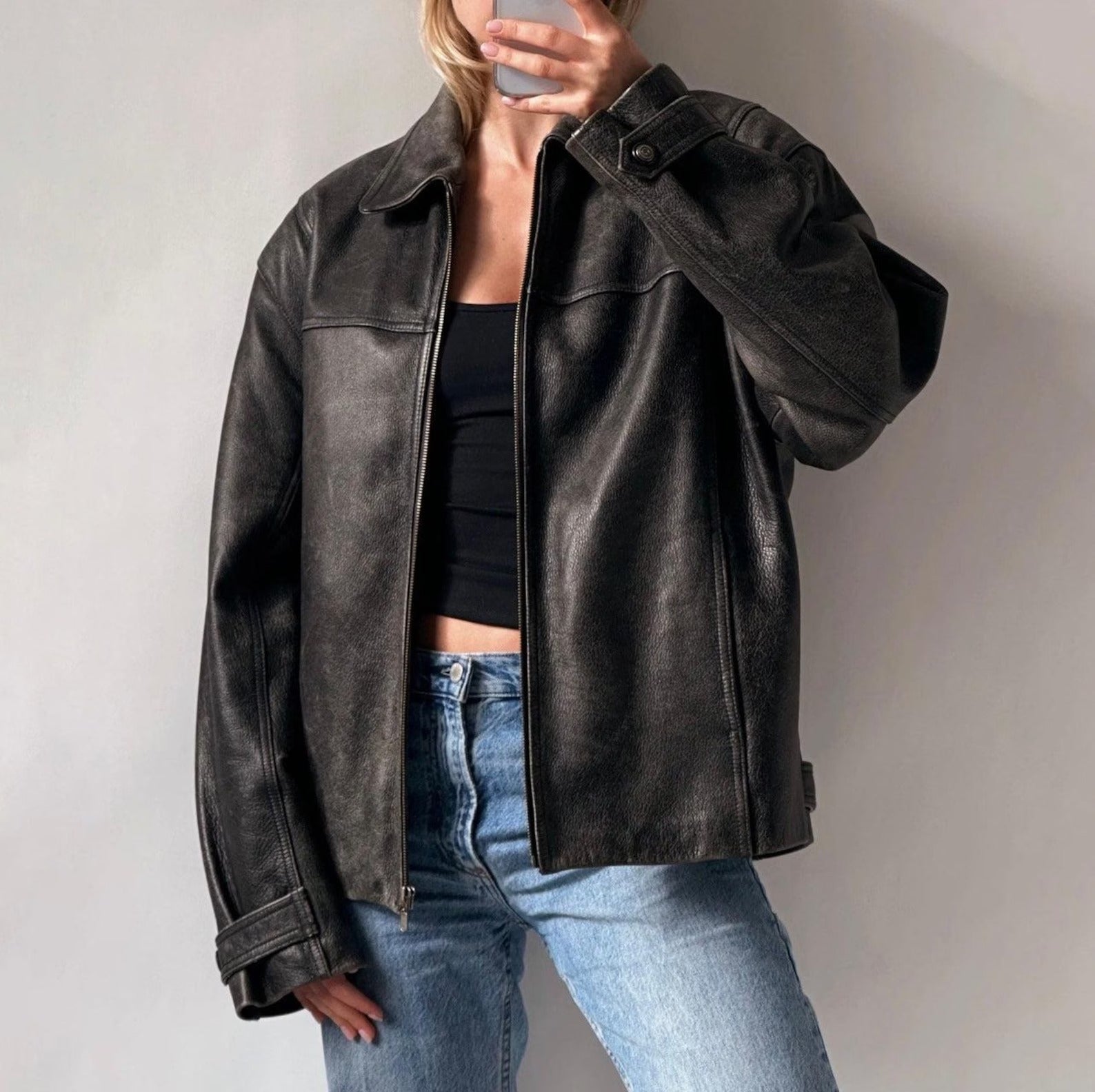Women's Pure Black Straight Cut Dropped shoulders Oversized Leather Jacket