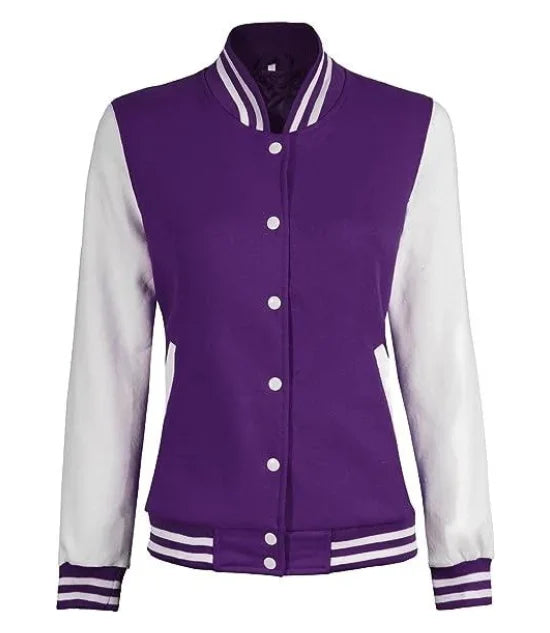 Women's Purple and White Varsity Letterman Jacket - Bomber Style