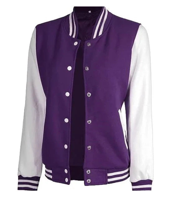 Women's Purple and White Varsity Letterman Jacket - Bomber Style