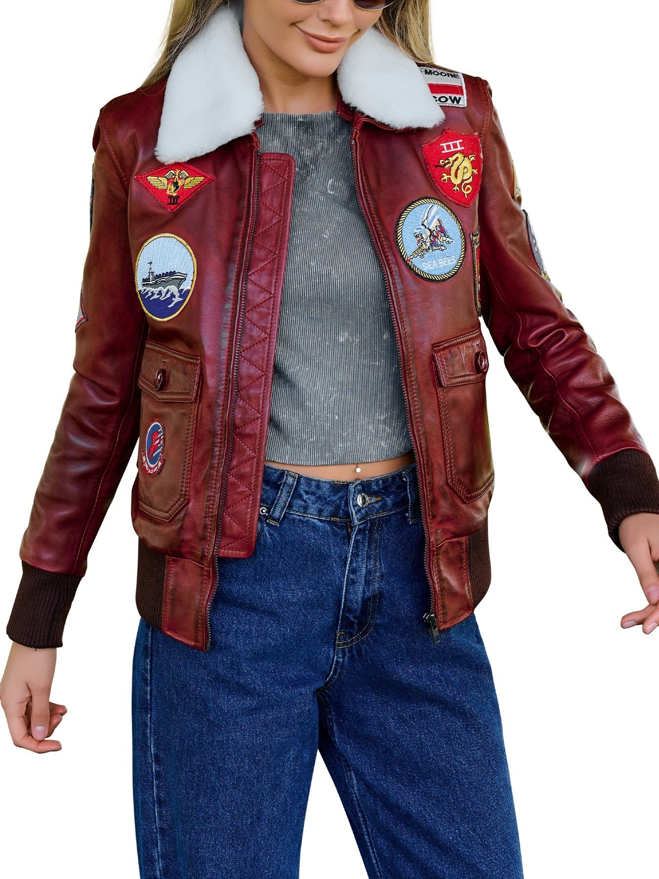 Women's Red A2 Flight Aviator Bomber Leather Jacket