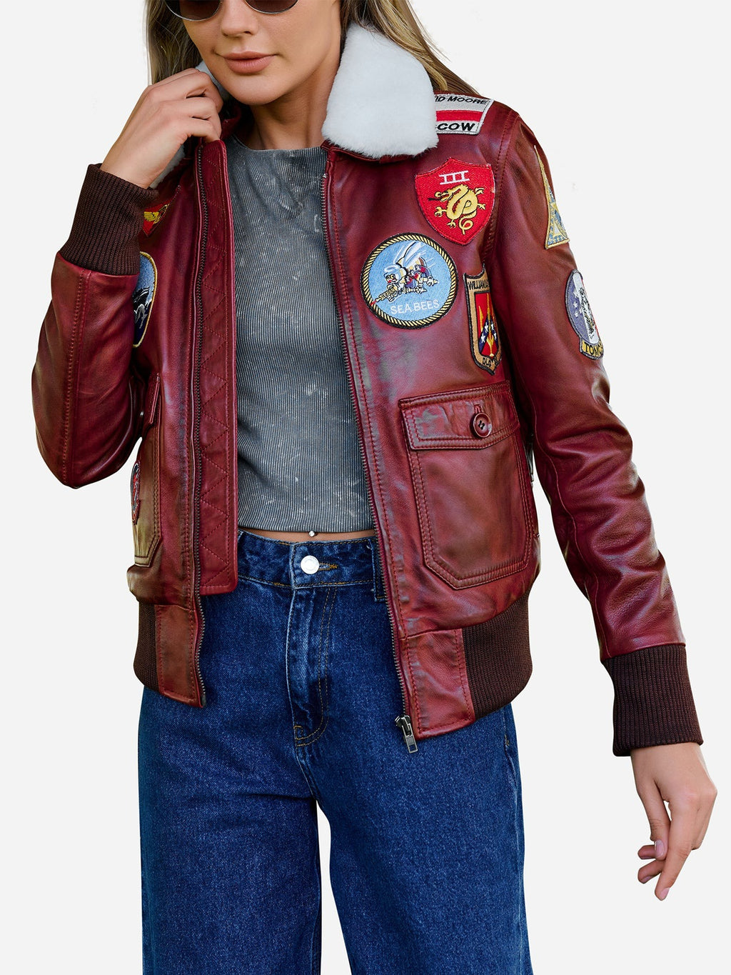 Women's Red A2 Flight Aviator Bomber Leather Jacket