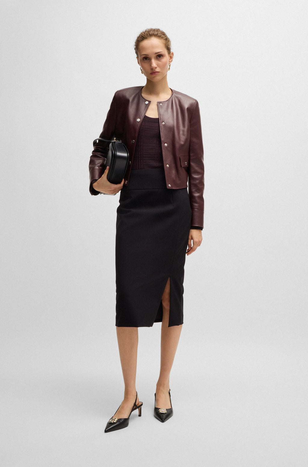 Women's Red Hardware Press-Studs Collarless Leather jacket