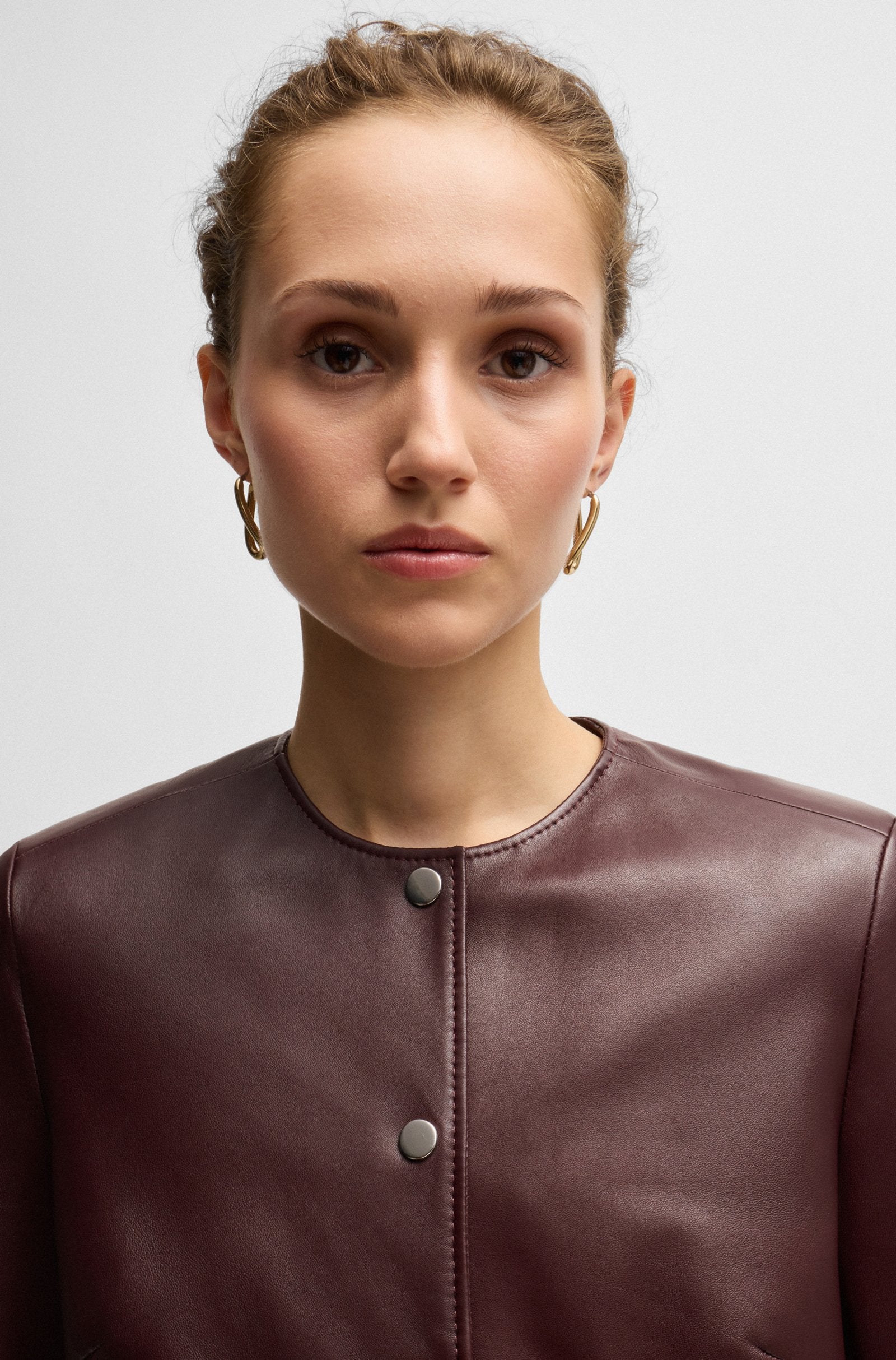 Women's Red Hardware Press-Studs Collarless Leather jacket