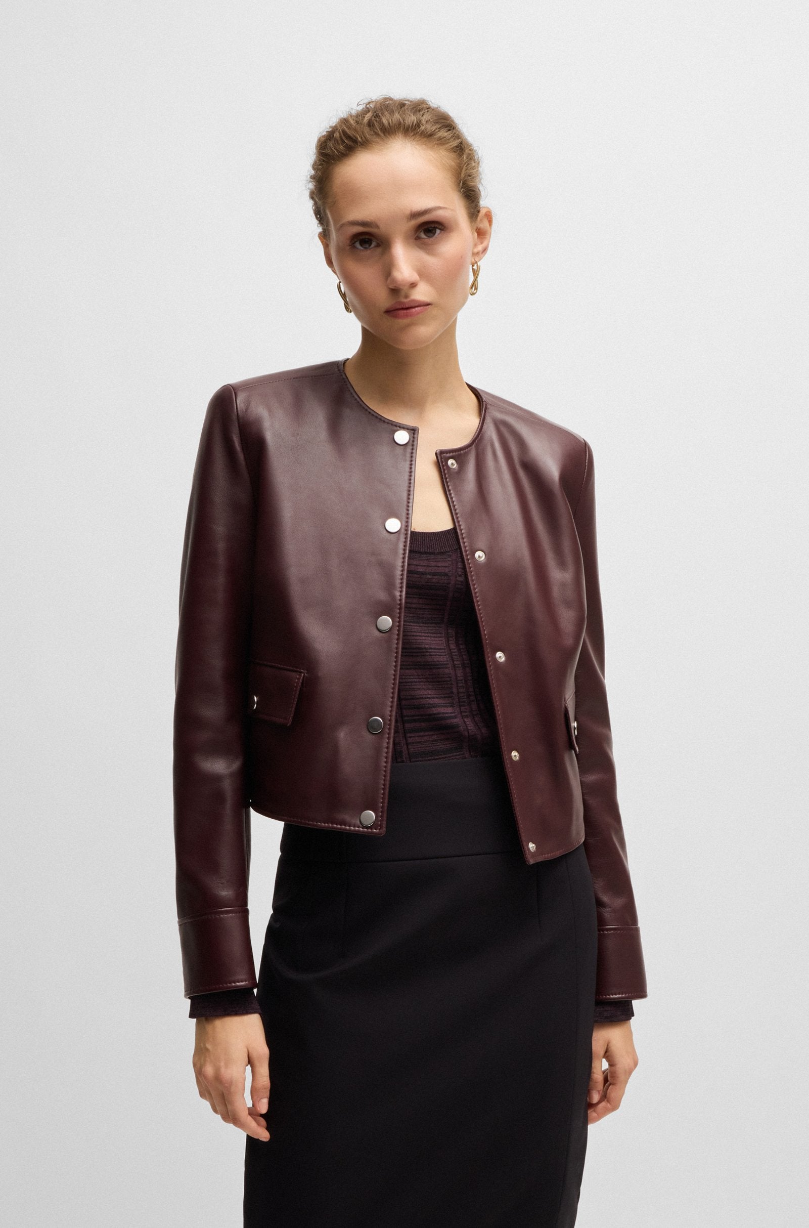 Women's Red Hardware Press-Studs Collarless Leather jacket