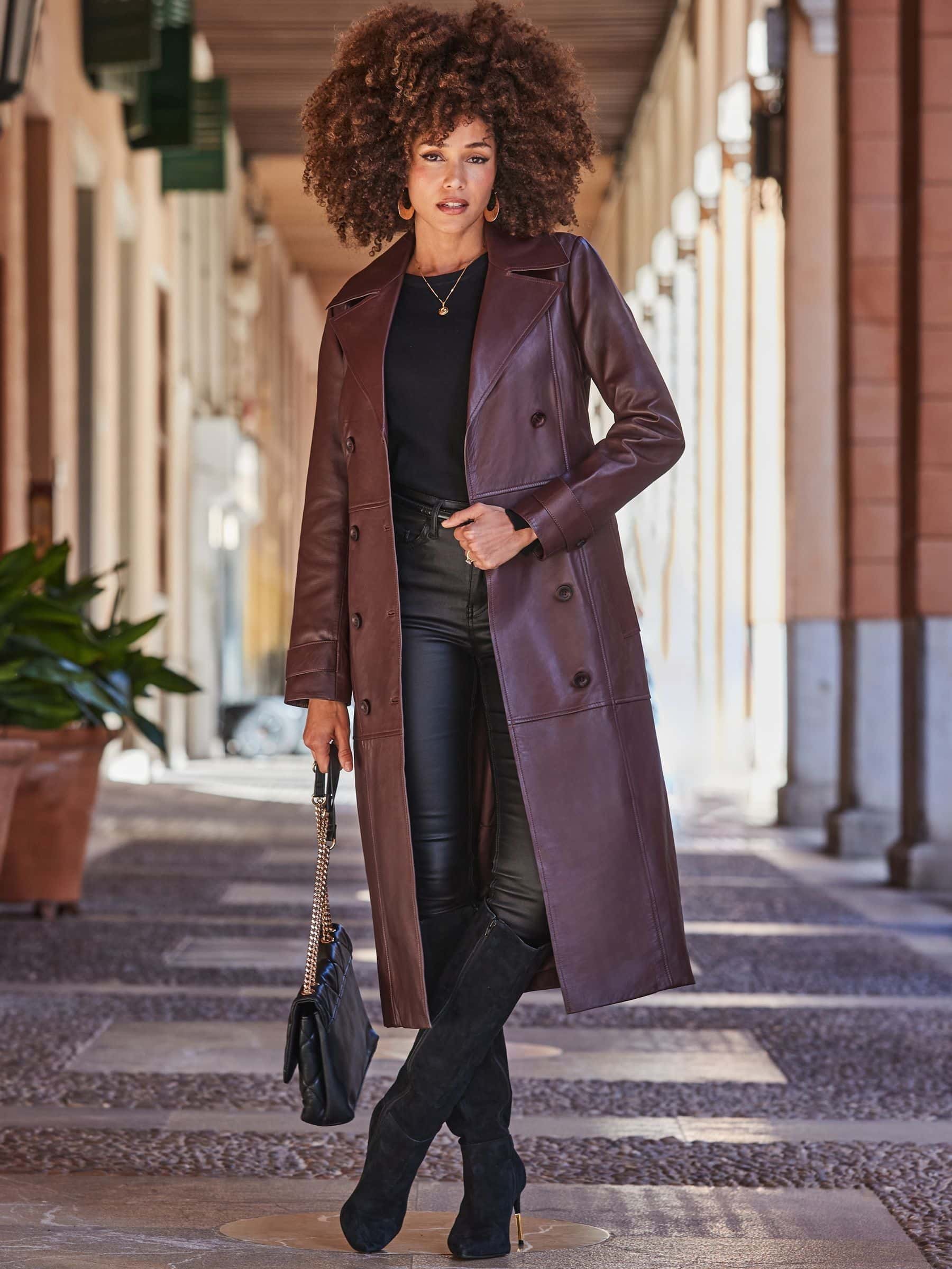 Women's Red Leather Trench Coat