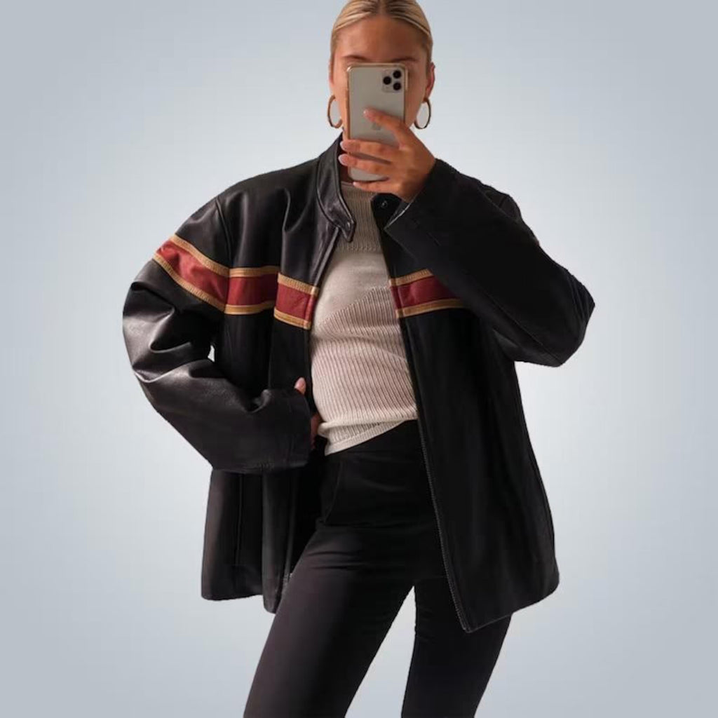 Women's Red Stripped Chest And Sleeves Oversized Leather Jacket