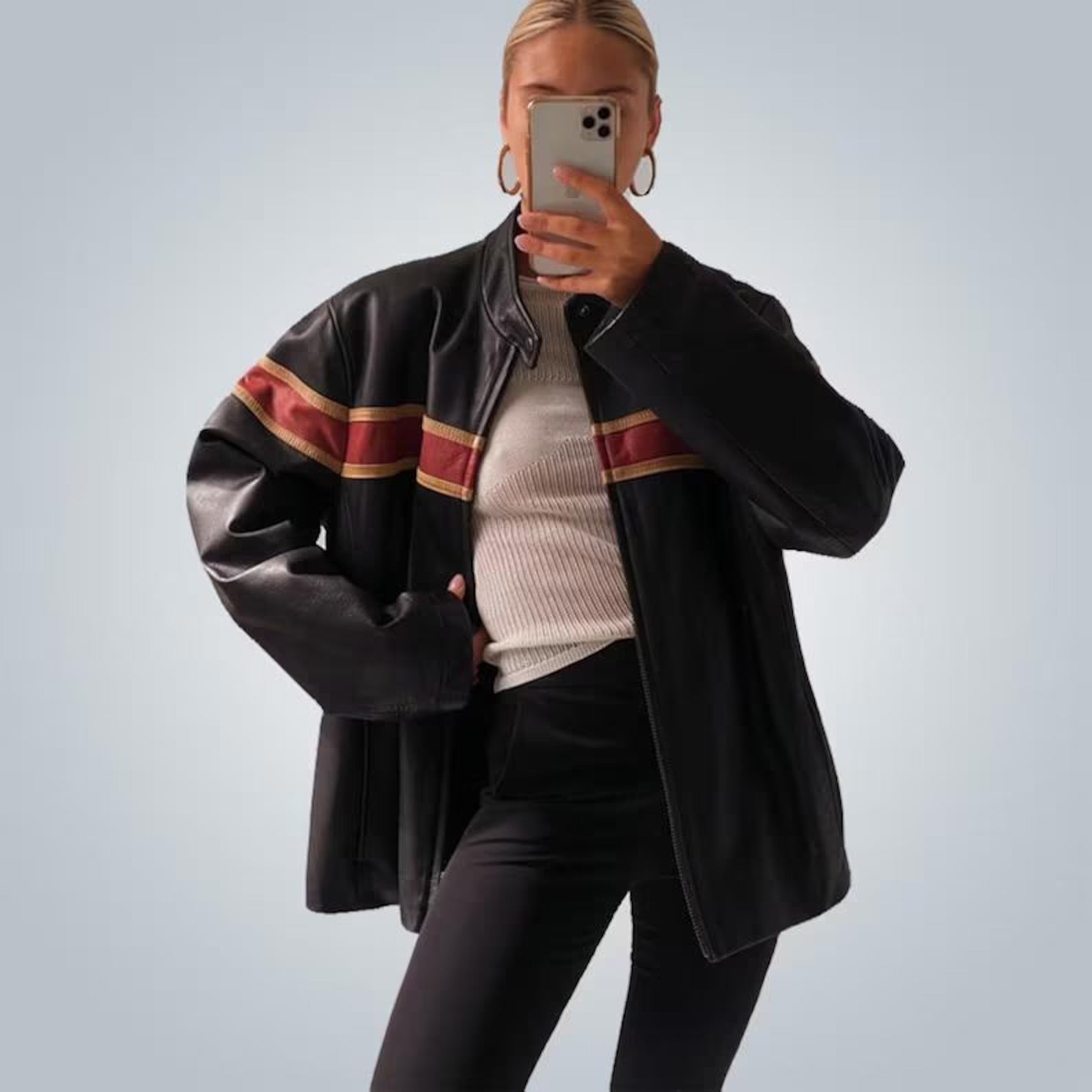 Women's Red Stripped Chest And Sleeves Oversized Leather Jacket