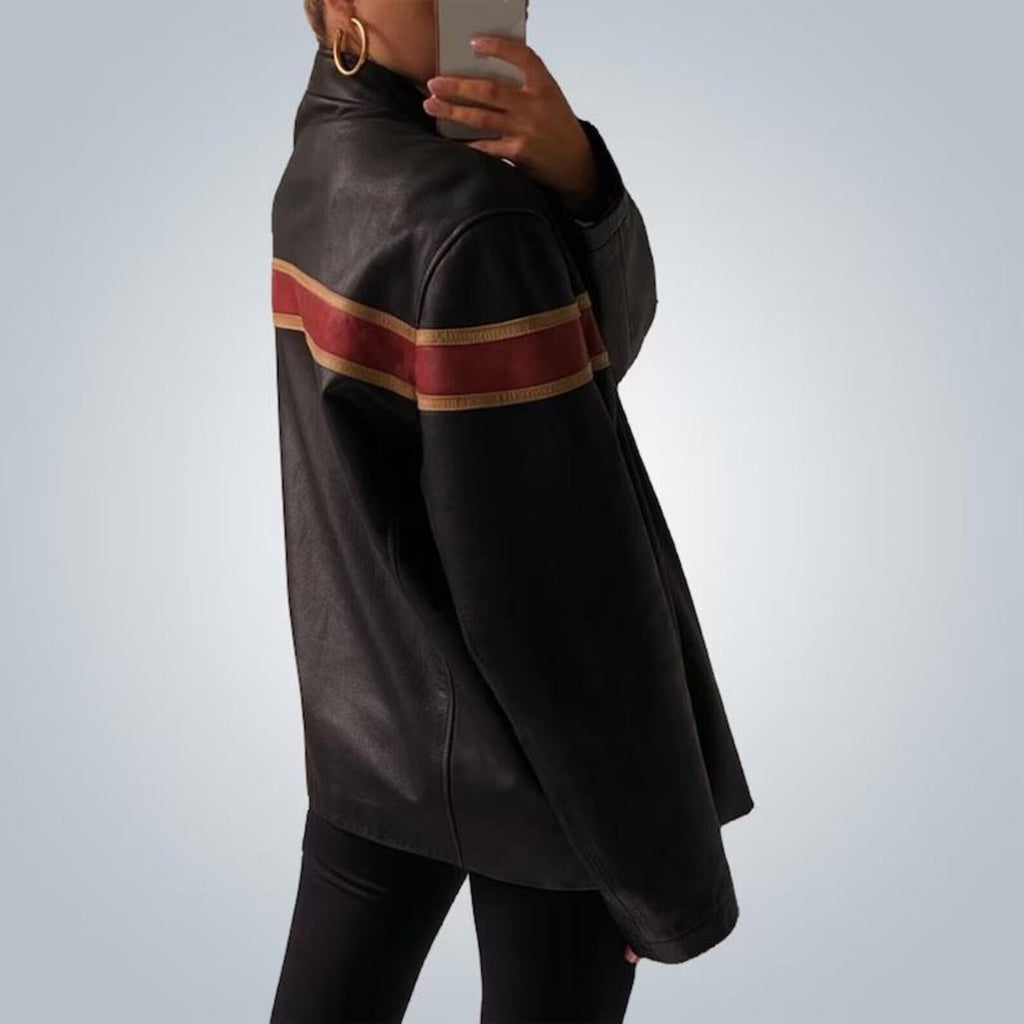Women's Red Stripped Chest And Sleeves Oversized Leather Jacket