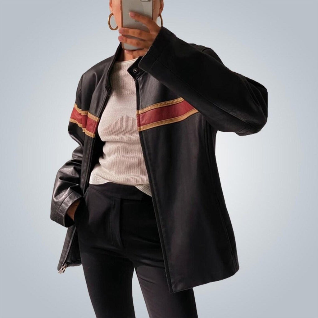 Women's Red Stripped Chest And Sleeves Oversized Leather Jacket