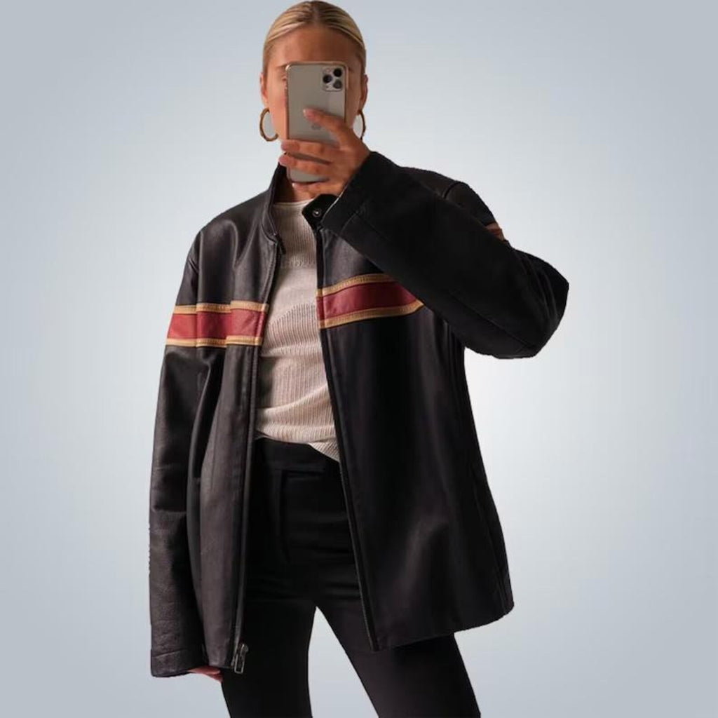 Women's Red Stripped Chest And Sleeves Oversized Leather Jacket