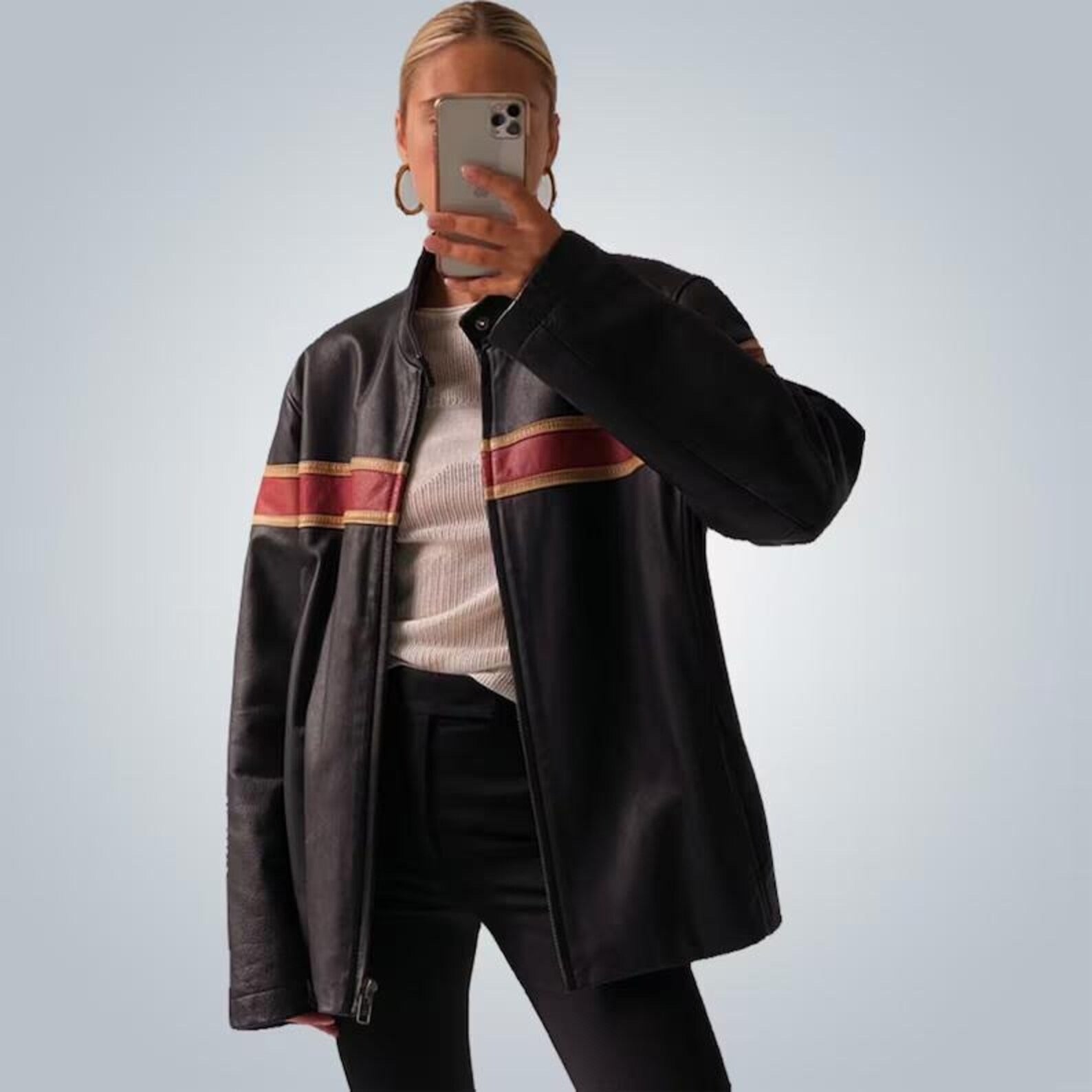 Women's Red Stripped Chest And Sleeves Oversized Leather Jacket