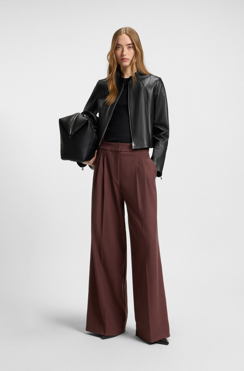 Women's Regular-fit Leather Jacket with Stand Collar