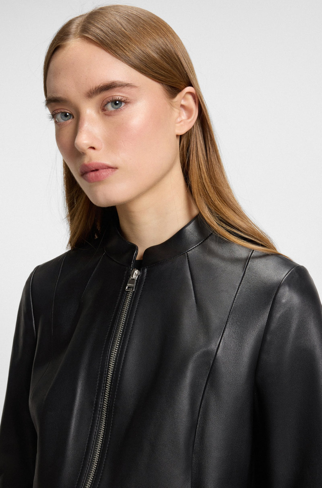 Women's Regular-fit Leather Jacket with Stand Collar