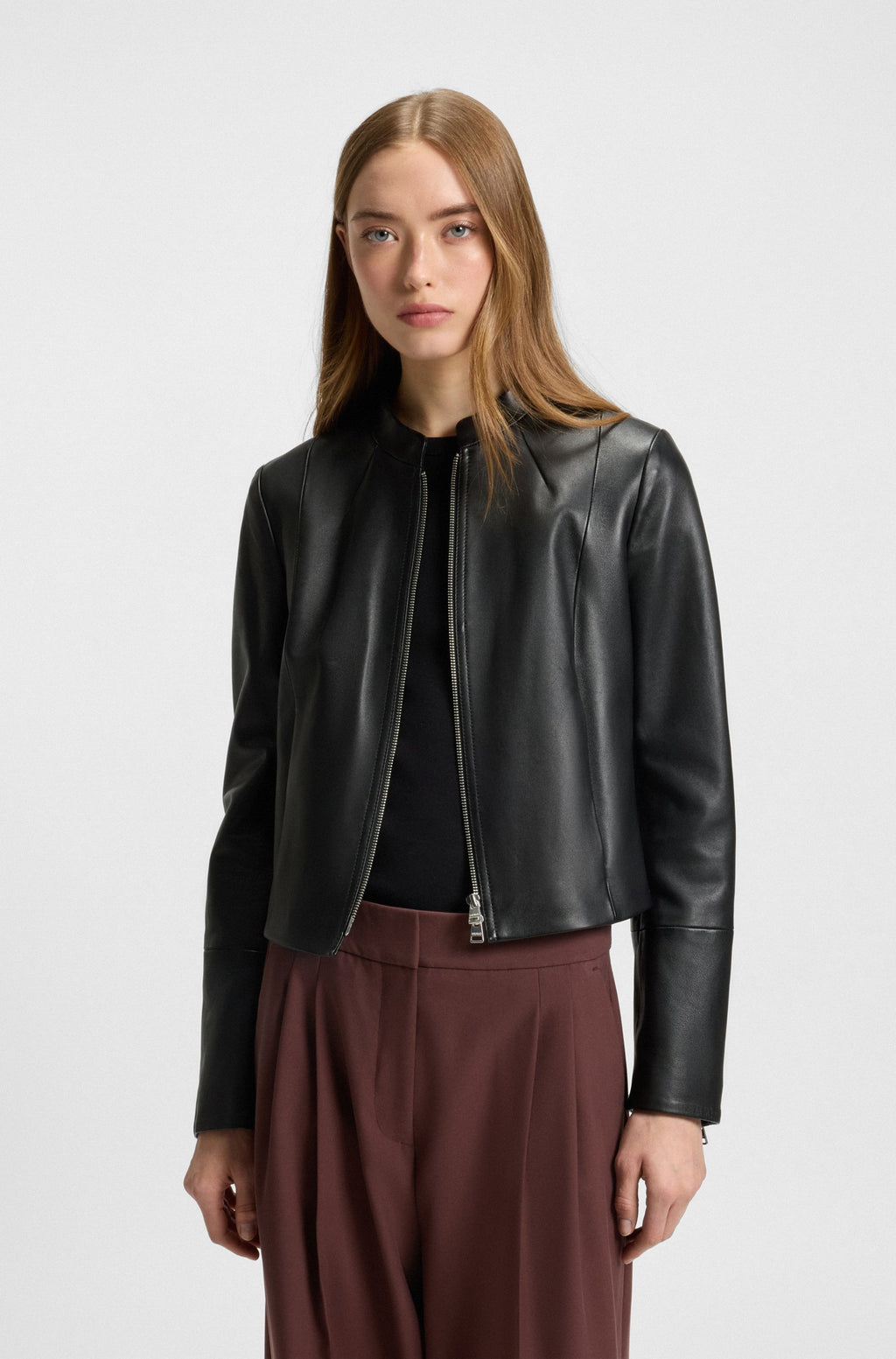 Women's Regular-fit Leather Jacket with Stand Collar