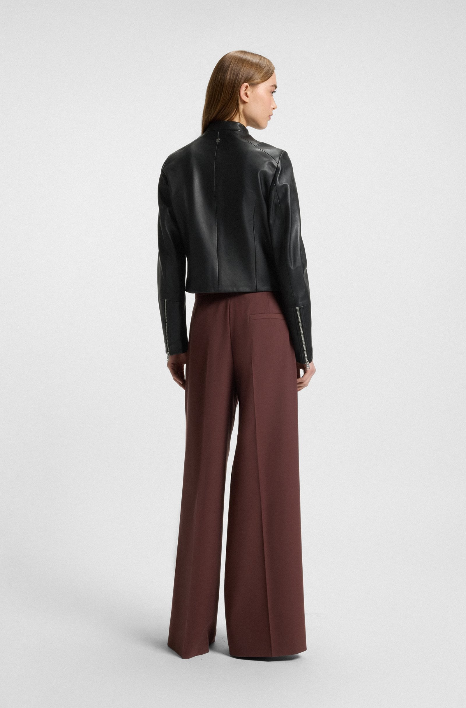 Women's Regular-fit Leather Jacket with Stand Collar