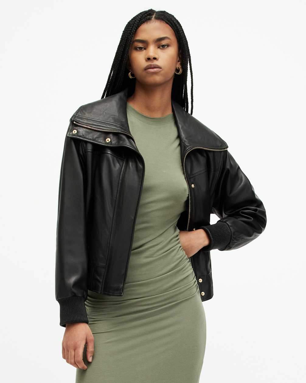 Bomber-Lederjacke in normaler Passform für Damen