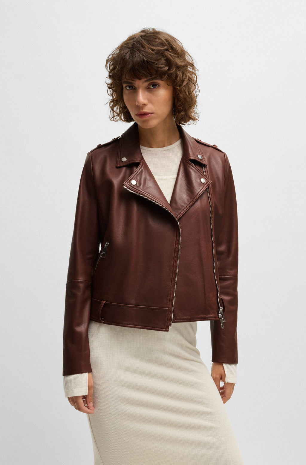 Women's Regular Fit Buckled Belt Nappa Leather Biker Jacket
