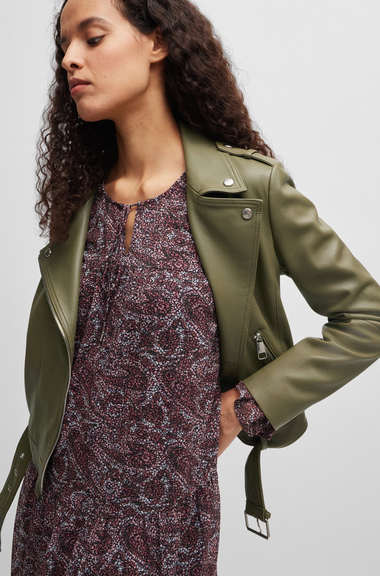 Women's Regular Fit Buckled Belt Nappa Leather Biker Jacket