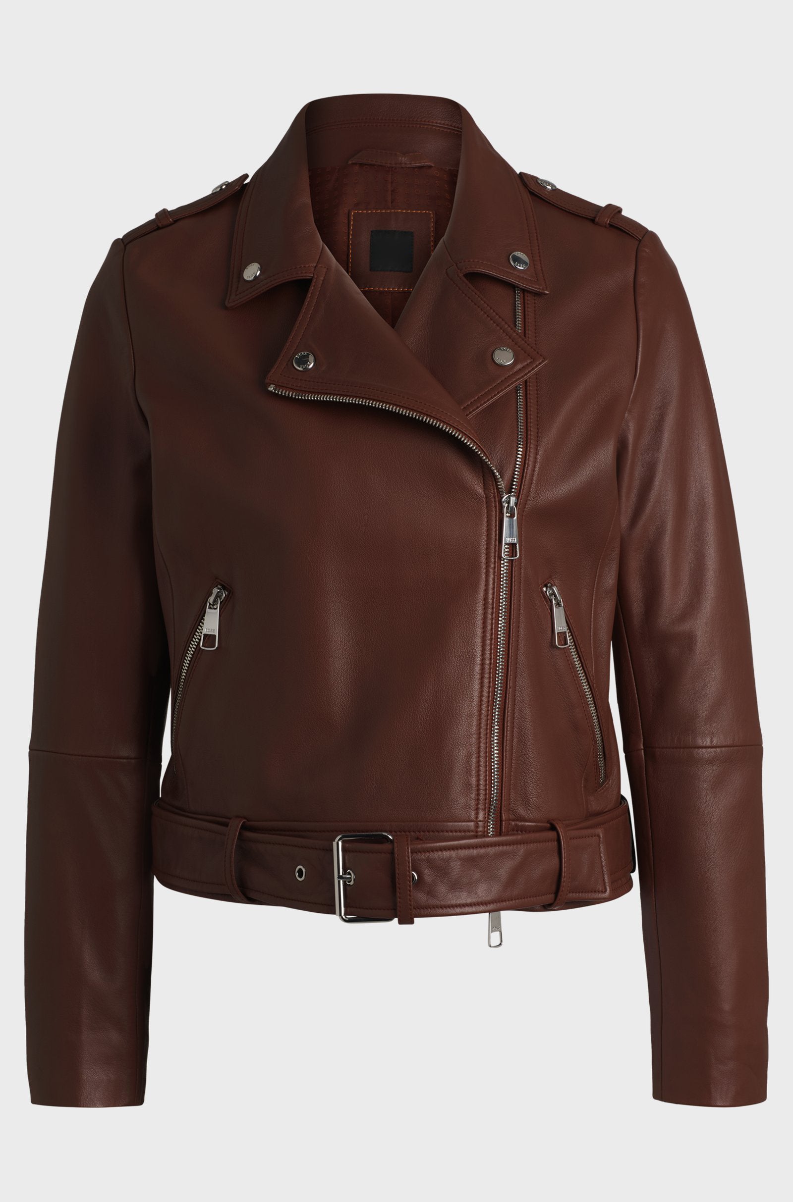 Women's Regular Fit Buckled Belt Nappa Leather Biker Jacket