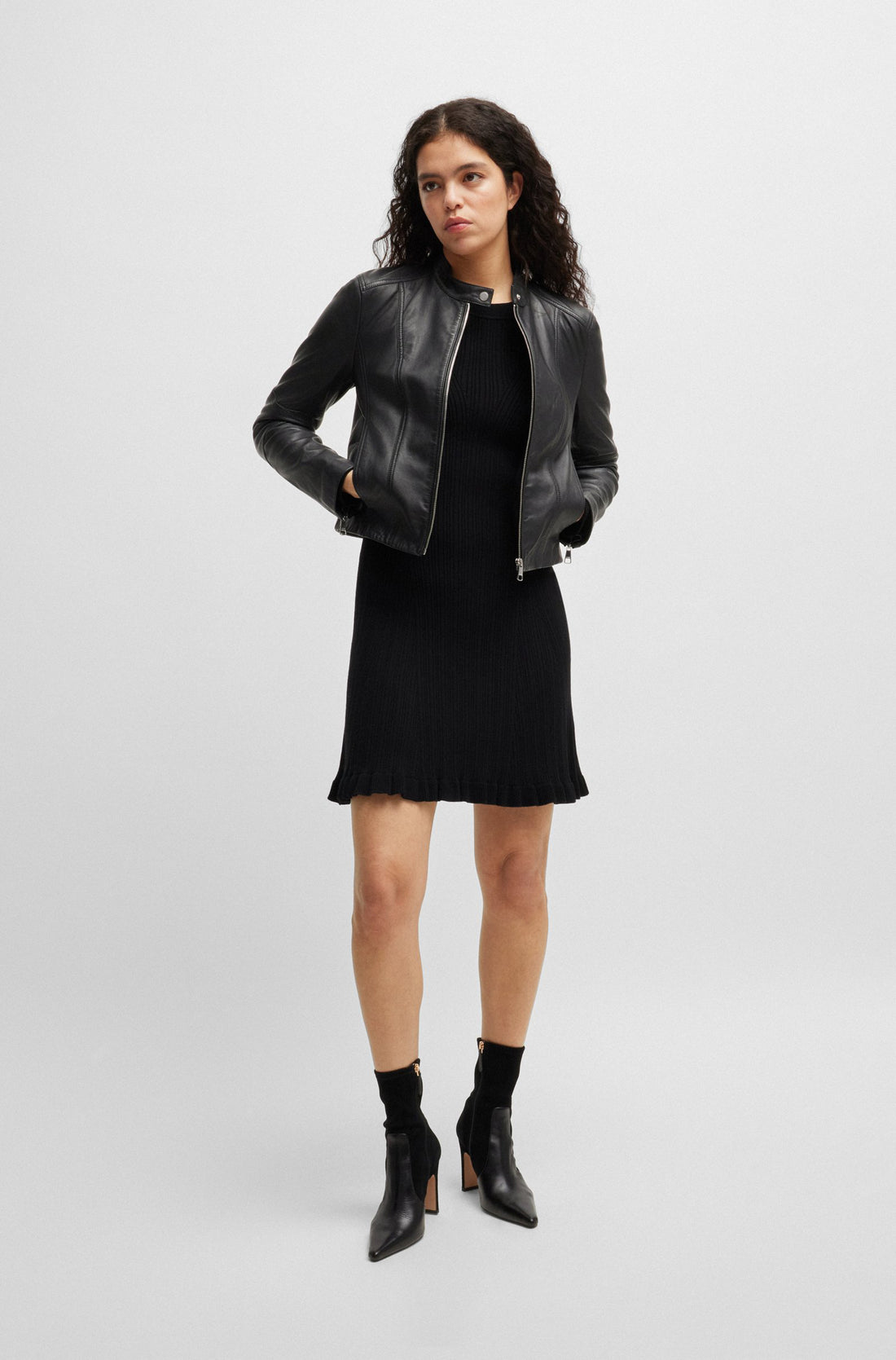 Women's Regular Fit Studded Collar Grained Leather Jacket