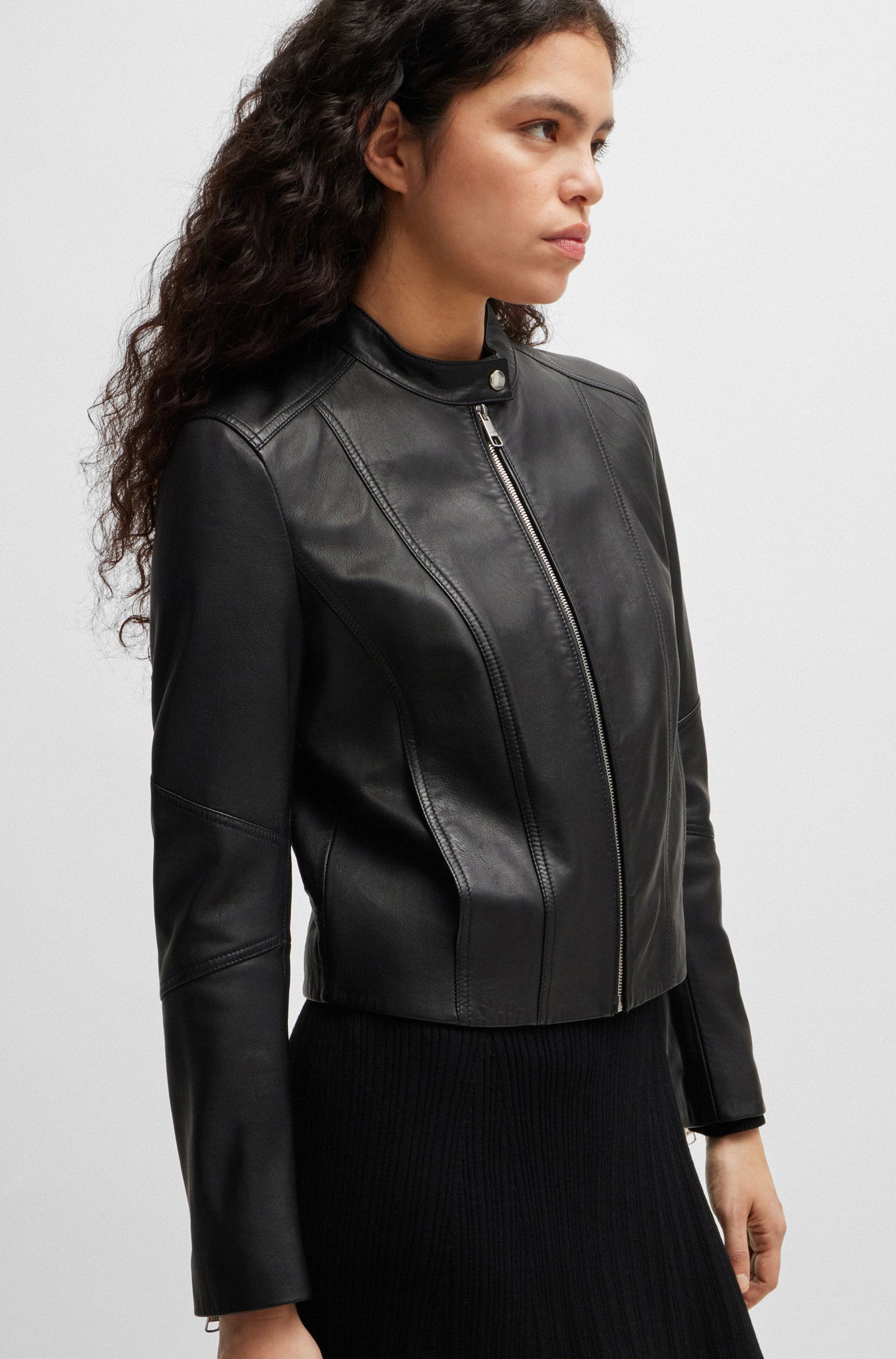 Women's Regular Fit Studded Collar Grained Leather Jacket
