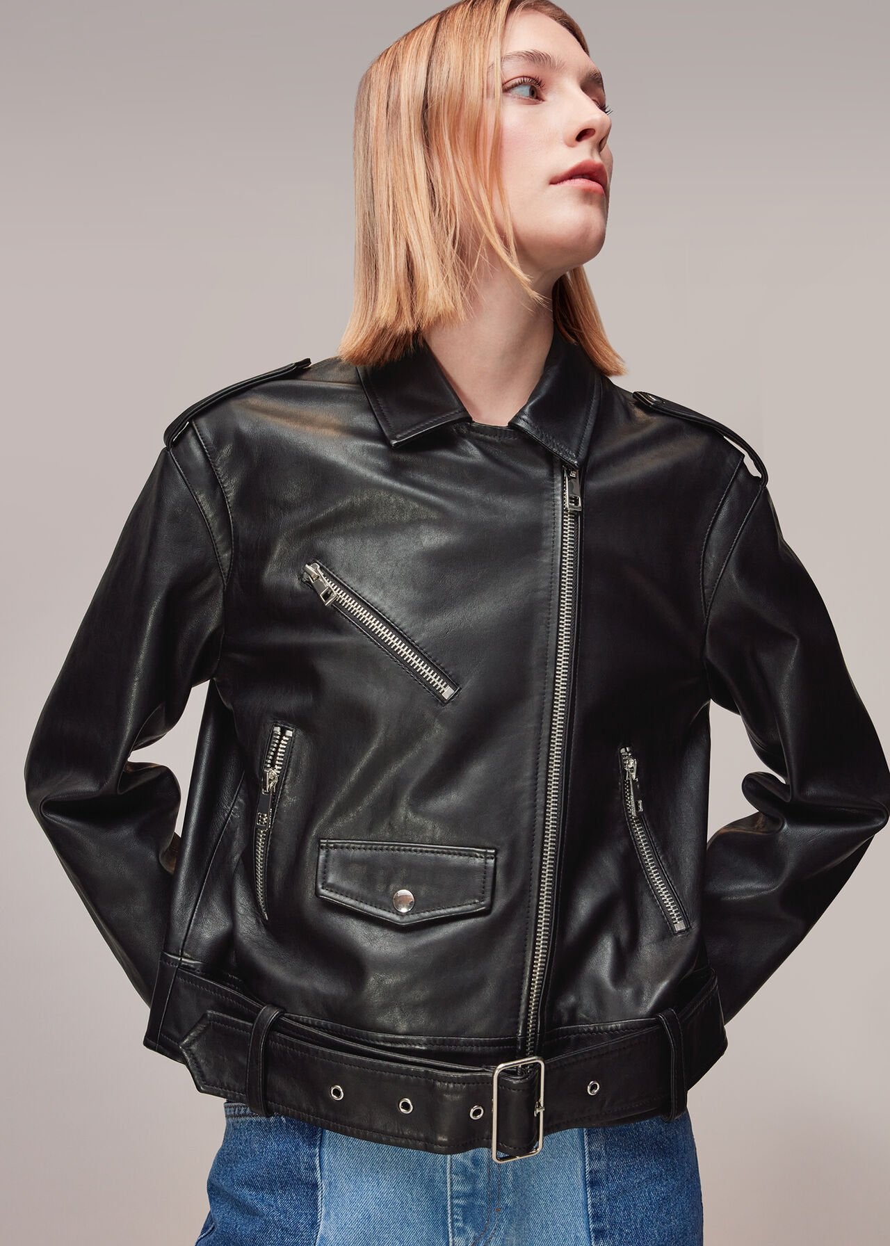 Women's Relaxed Fit Oversized Leather Biker Jacket