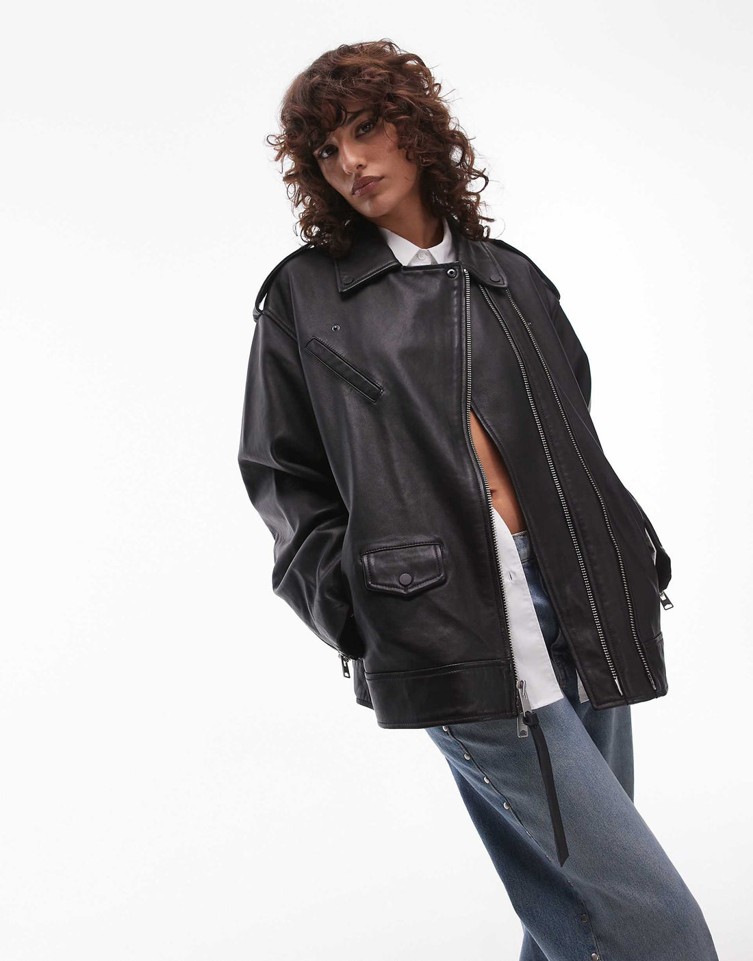 Relaxed Fit Leder-Bikerjacke für Damen